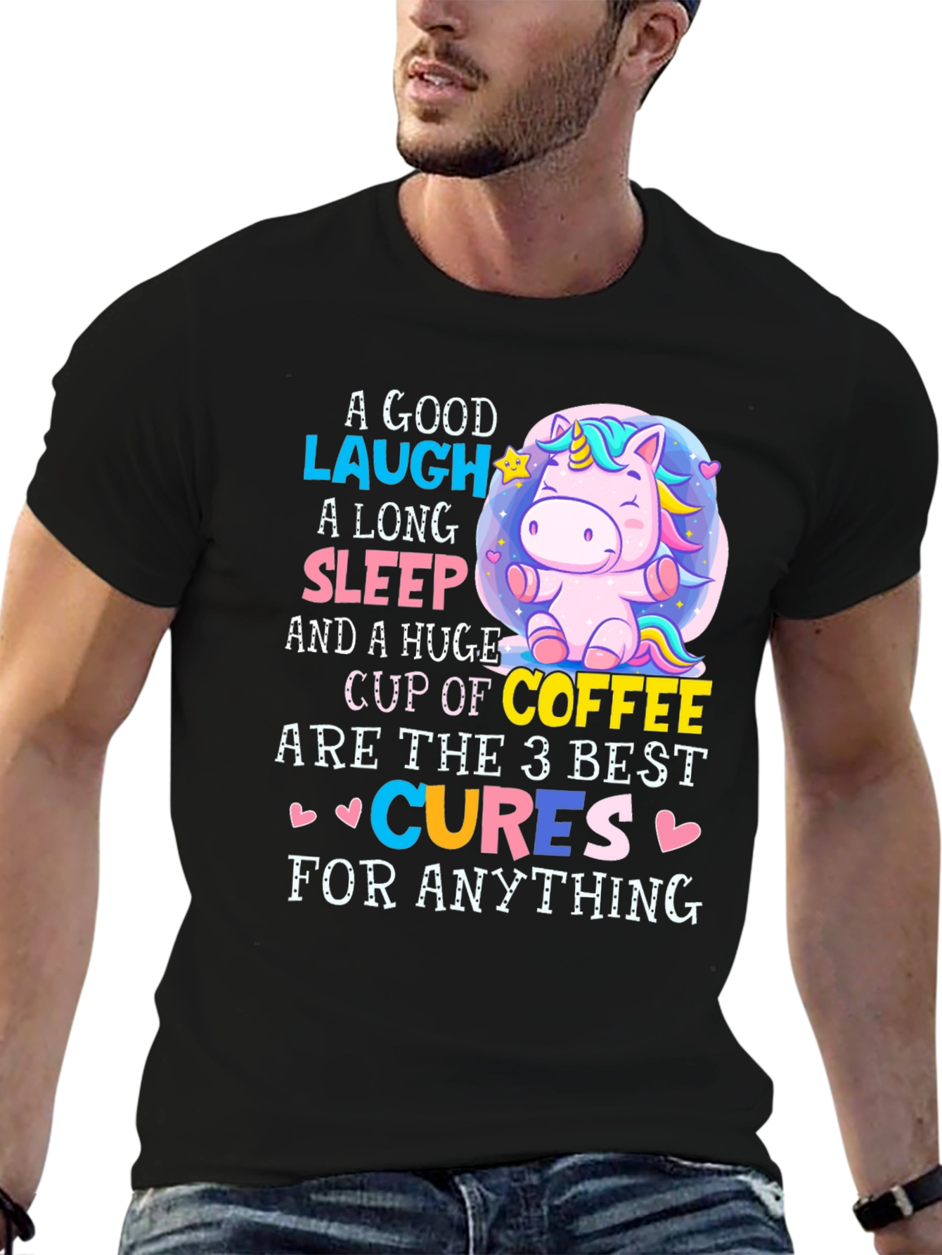 Black Funny Unicorn Coffee Cures T-Shirt view 6