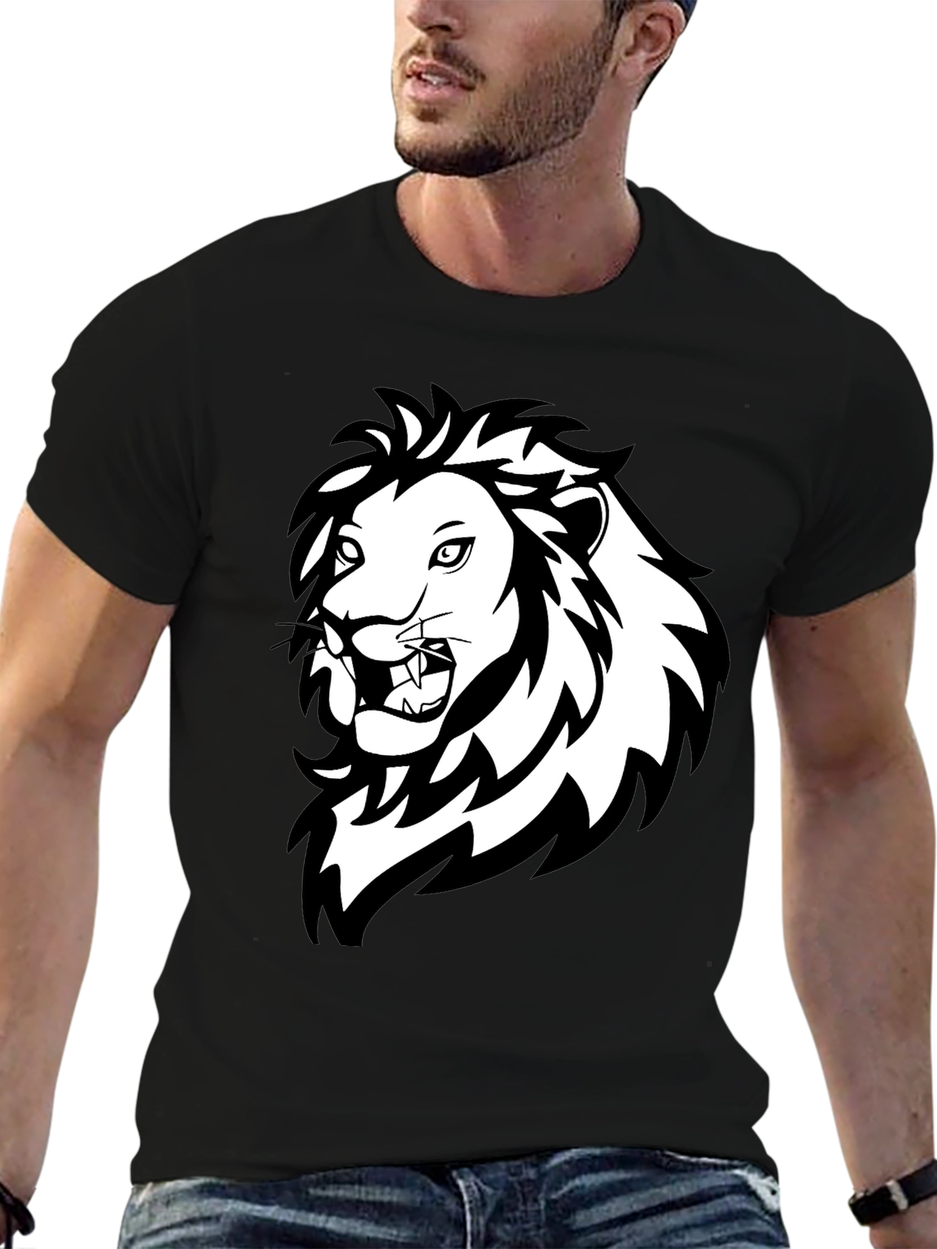 Black Bold Lion Graphic Tee - Black Cotton Crew Neck T-Shirt view 6
