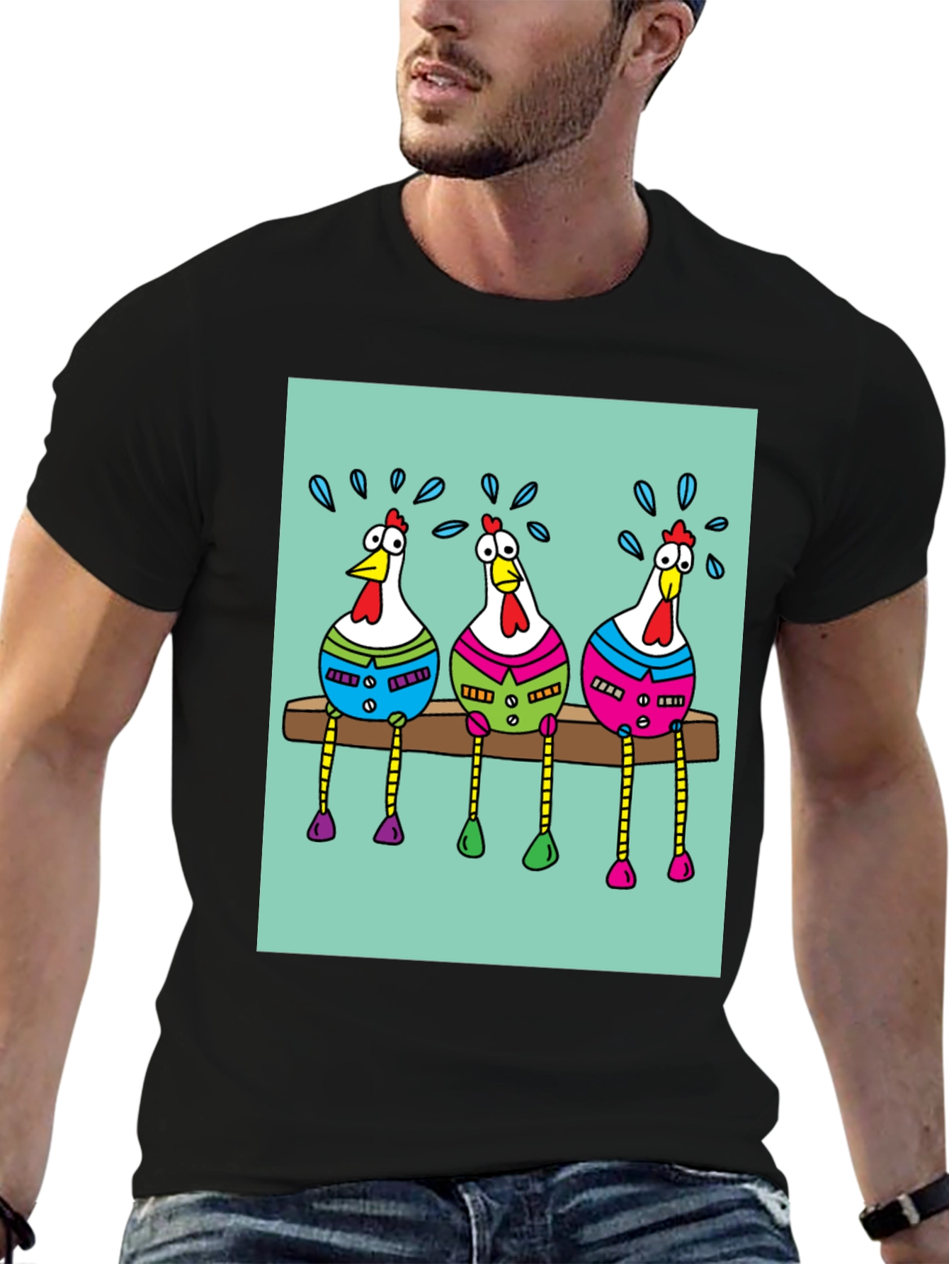 Black Funny Chicken Graphic Print Black T-Shirt view 6