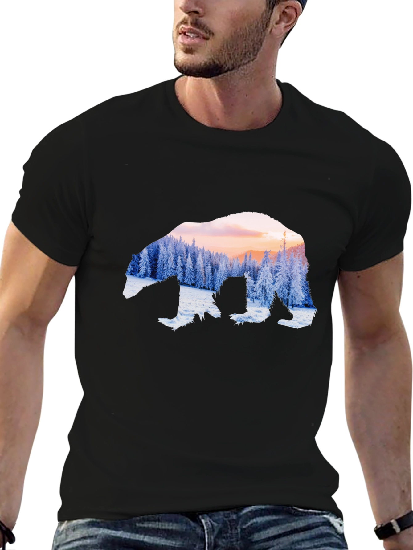 Black Bear Silhouette Winter Forest Graphic Tee view 6