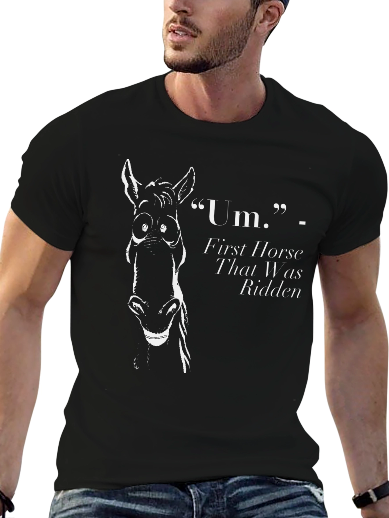Black Funny Horse Graphic T-Shirt - First Horse That Was Ridden view 6