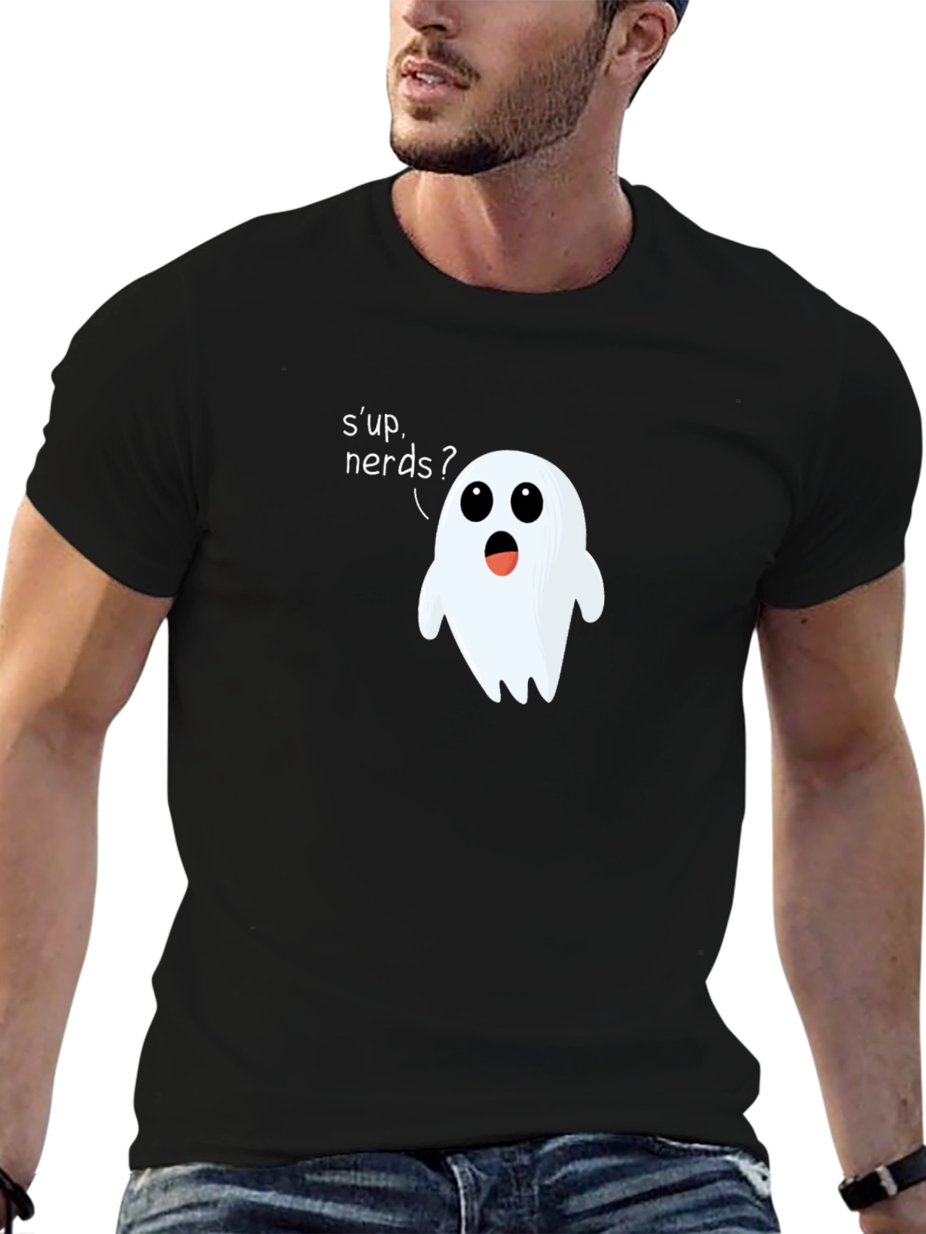 Black Funny Ghost 'S'up Nerds' Graphic Tee view 6