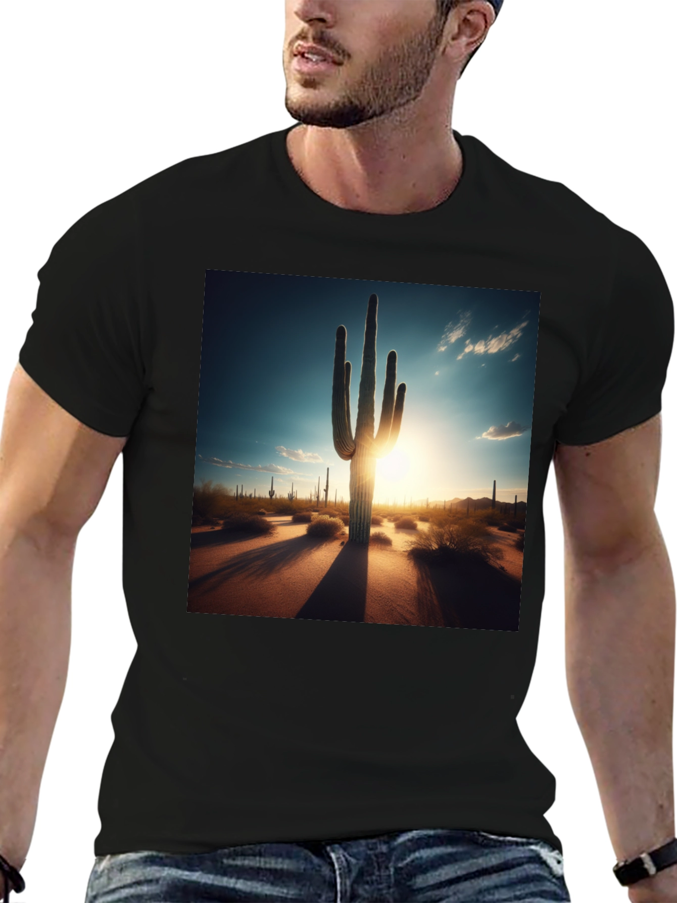 Black Desert Sunset Cactus Graphic Tee - Black Cotton T-Shirt view 6