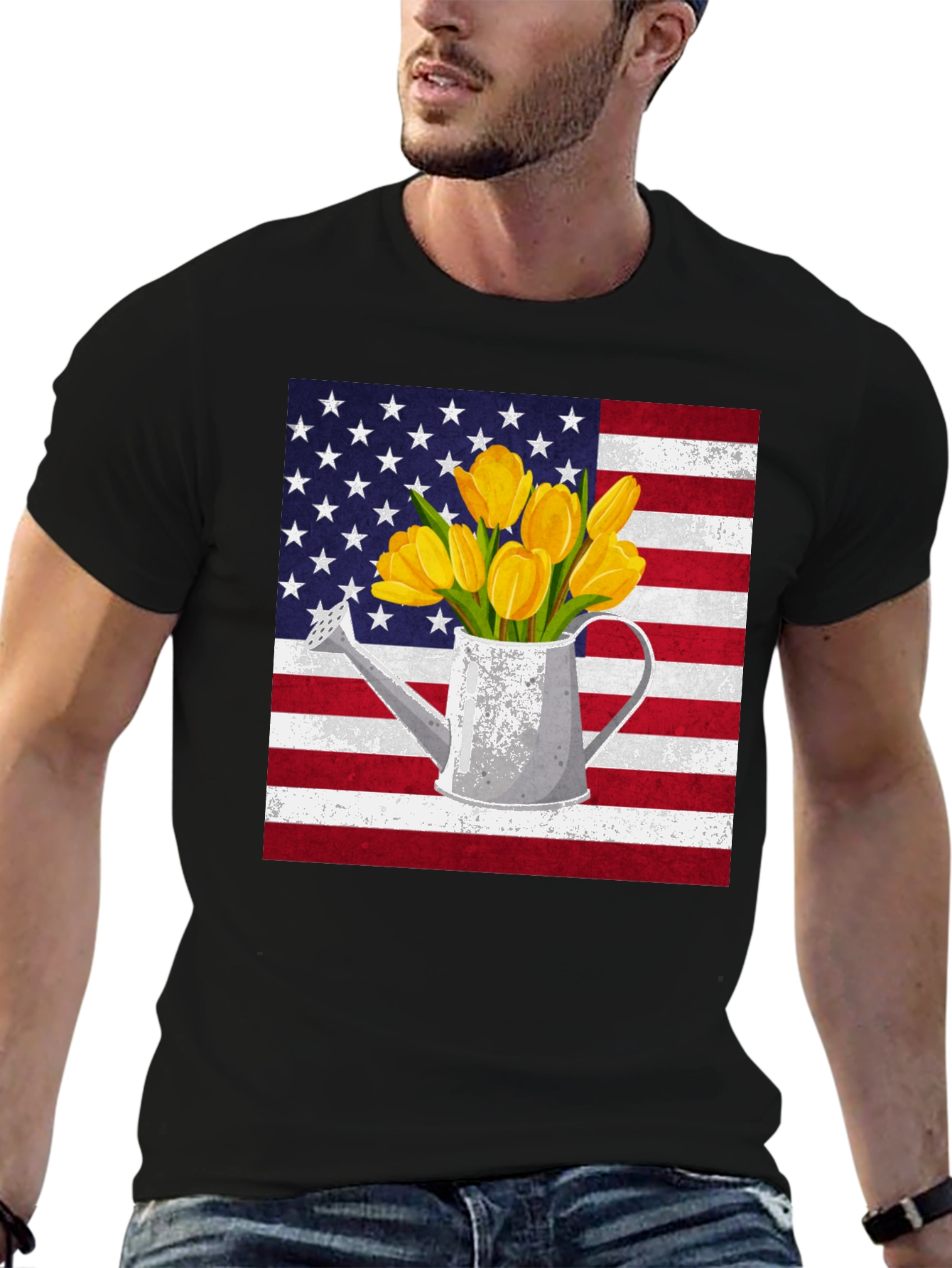 Black American Flag Tulips Watering Can Graphic Tee view 6