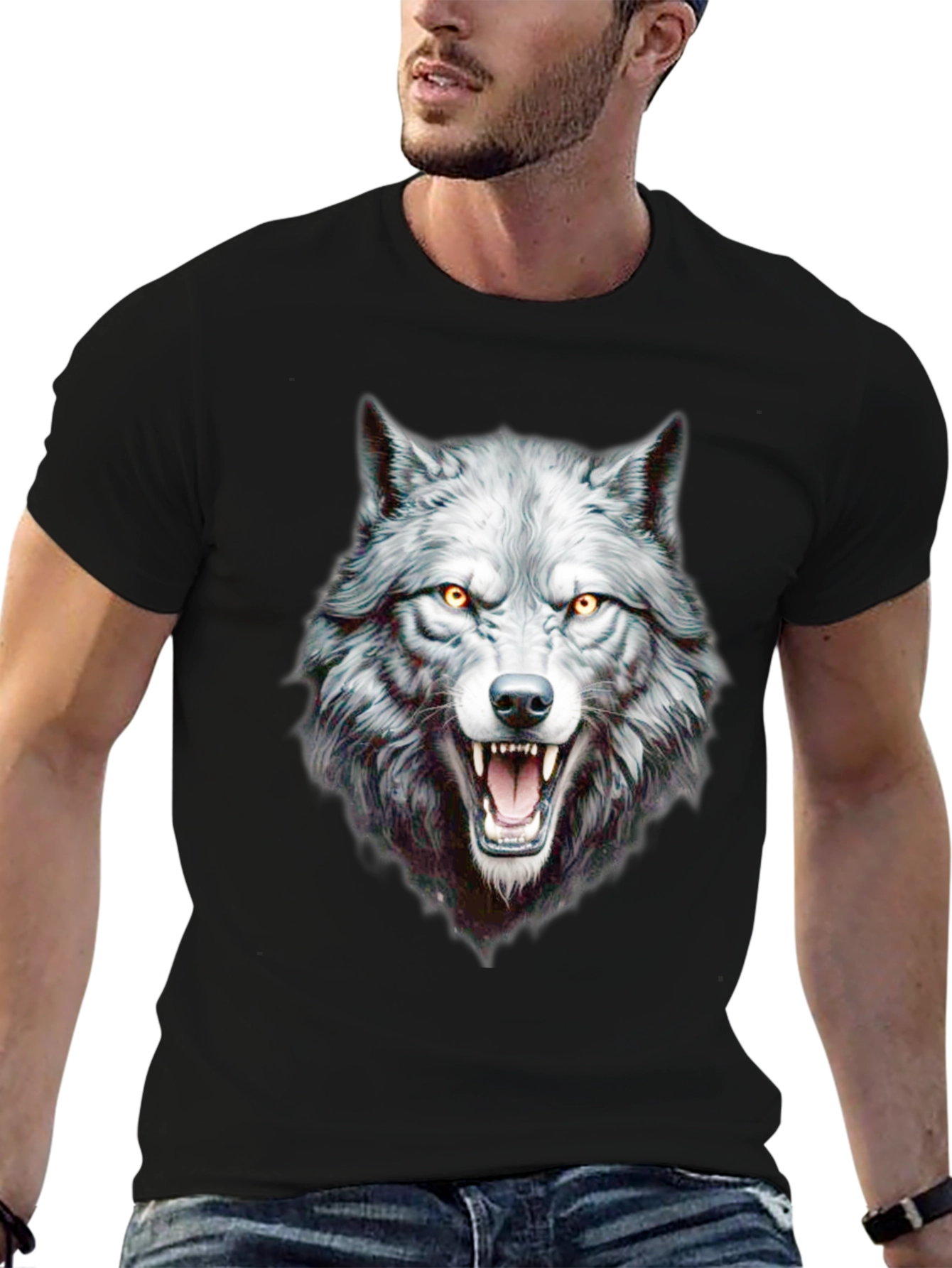 Black Wolf Graphic Print Crew Neck Black T-Shirt view 6