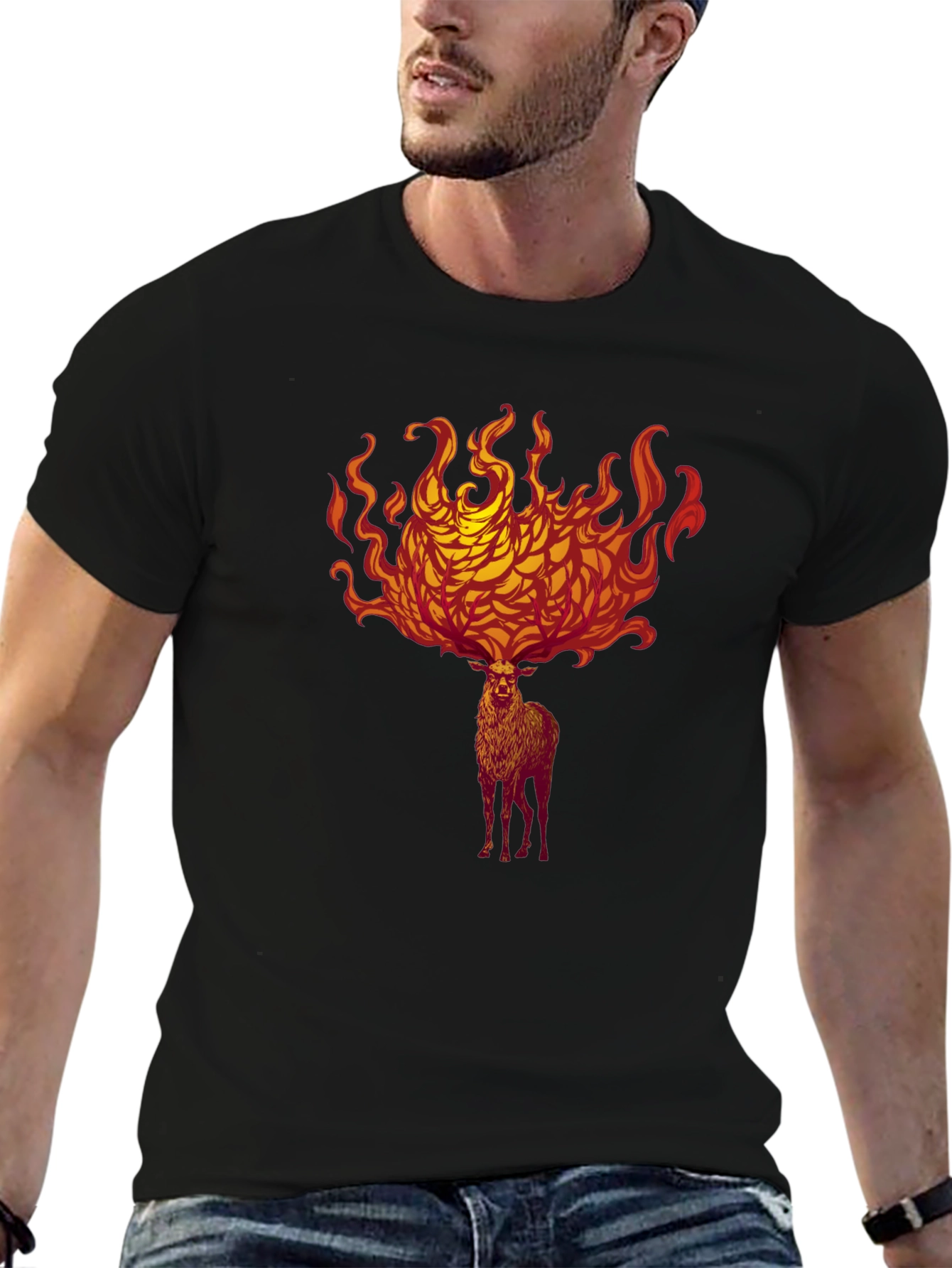 Black Fiery Stag Graphic Tee - Bold Statement Shirt view 6