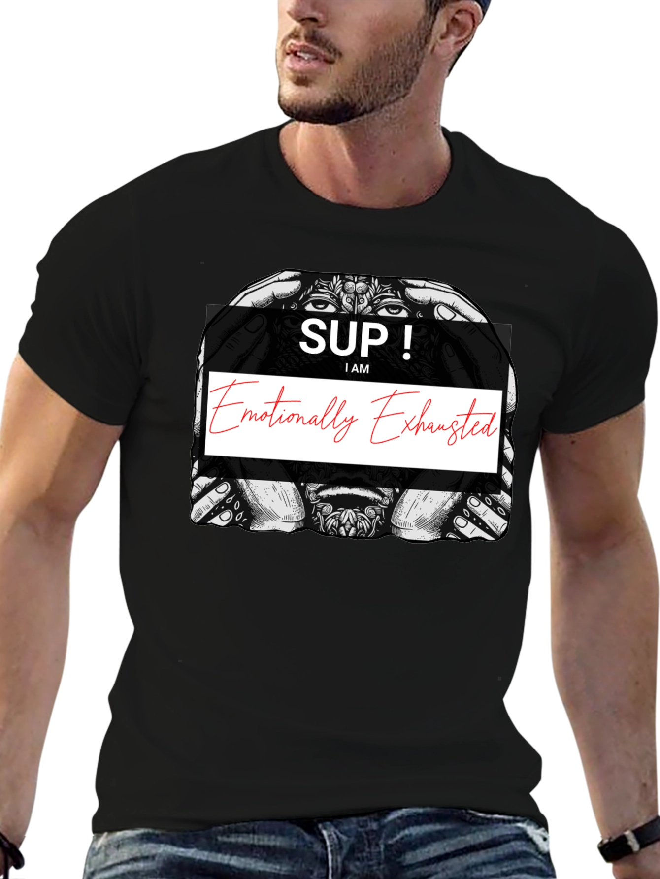 Black Emotionally Exhausted Graphic T-Shirt - Unisex Black Tee view 6