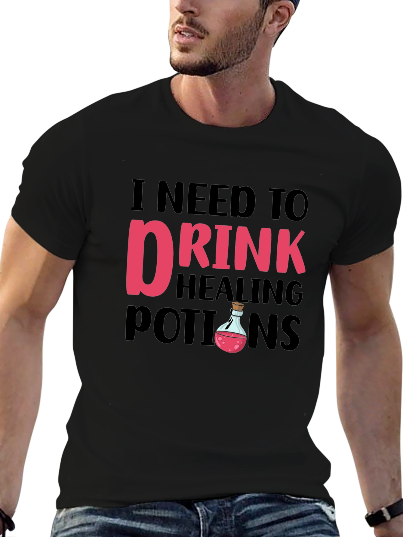 Black Funny 'I Need To Drink Healing Potions' Black T-Shirt view 6