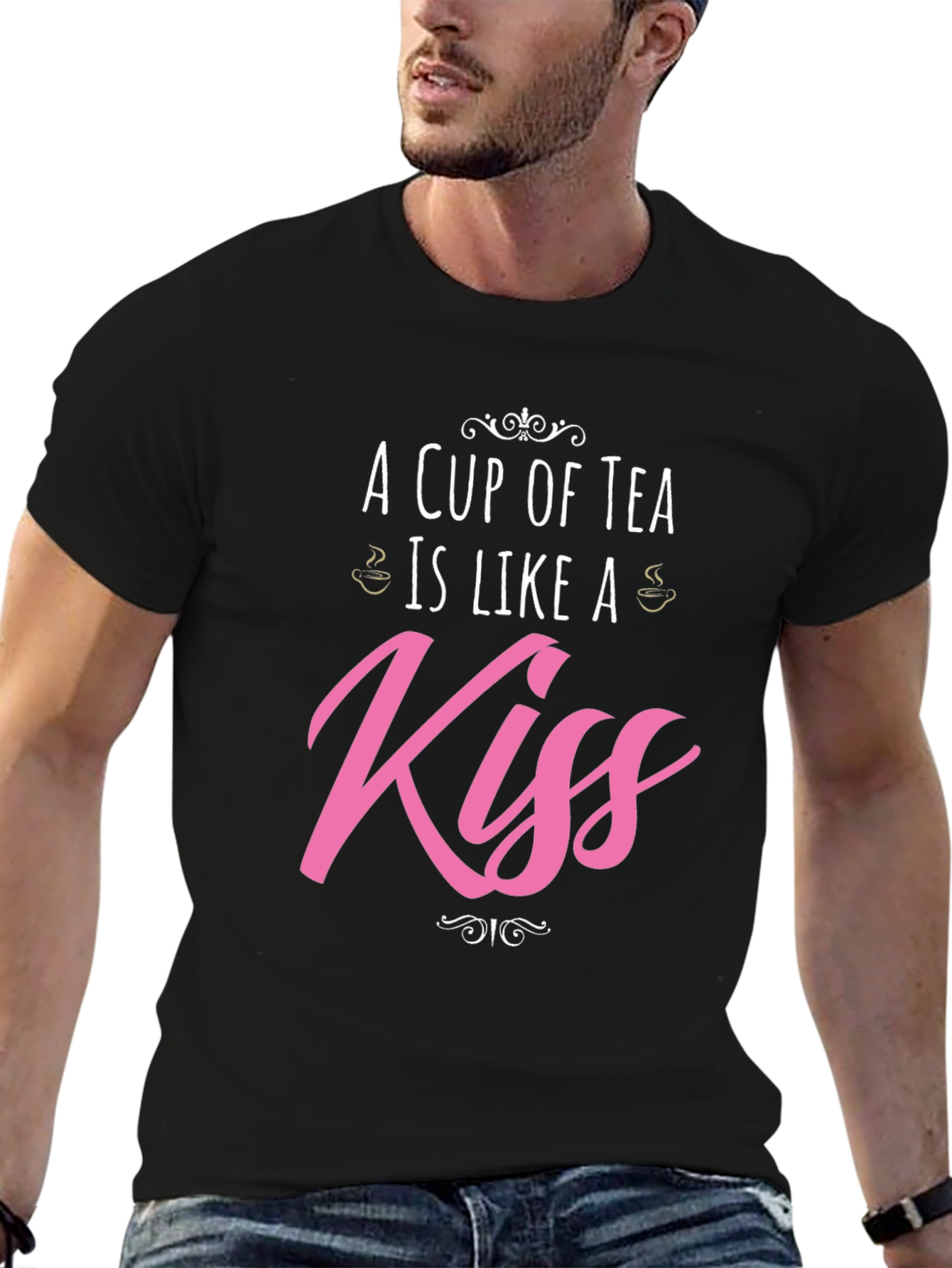 Black A Cup of Tea is Like a Kiss Graphic T-Shirt view 6