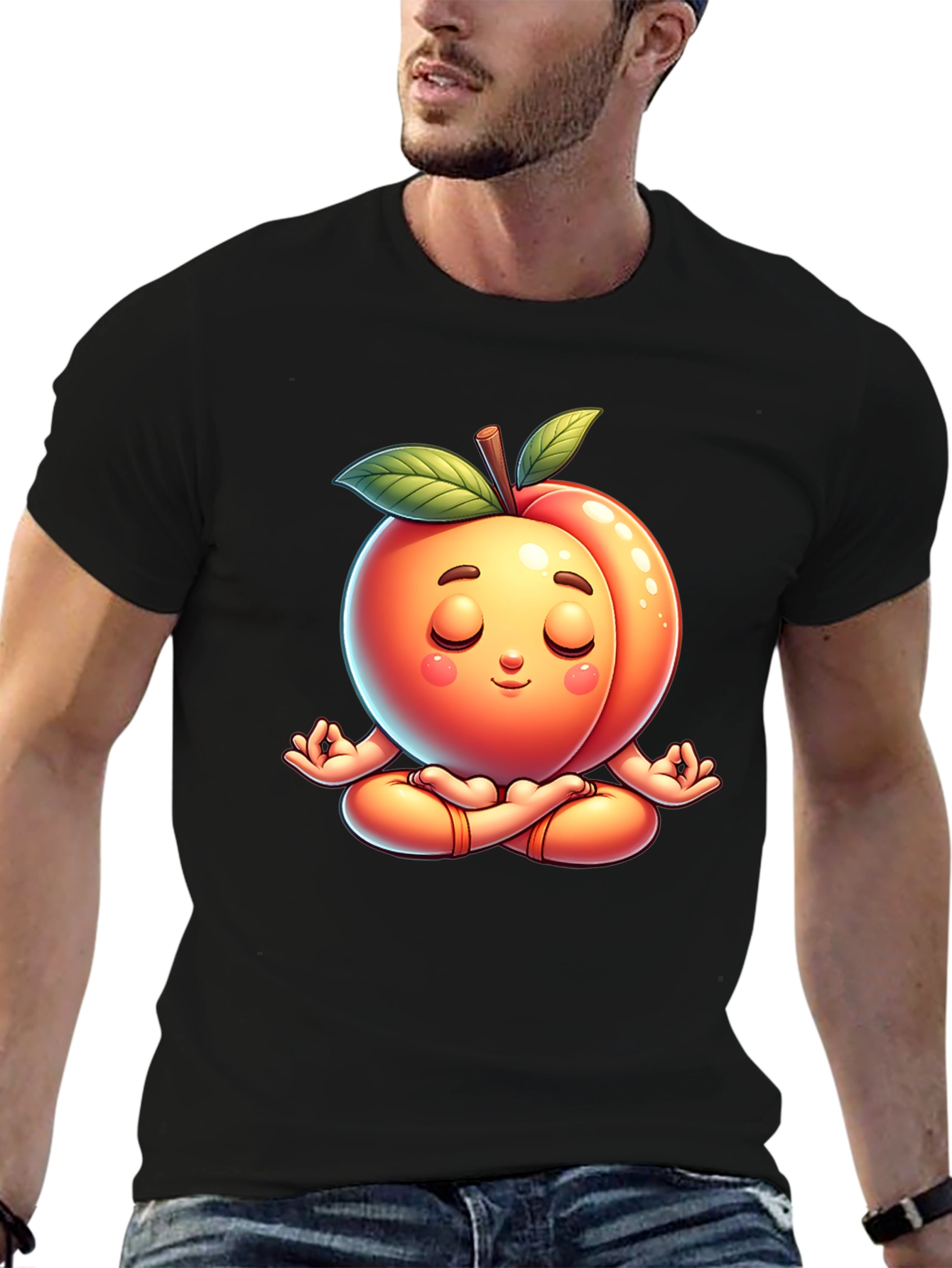 Black Funny Peach Meditating Yoga Black T-Shirt view 6
