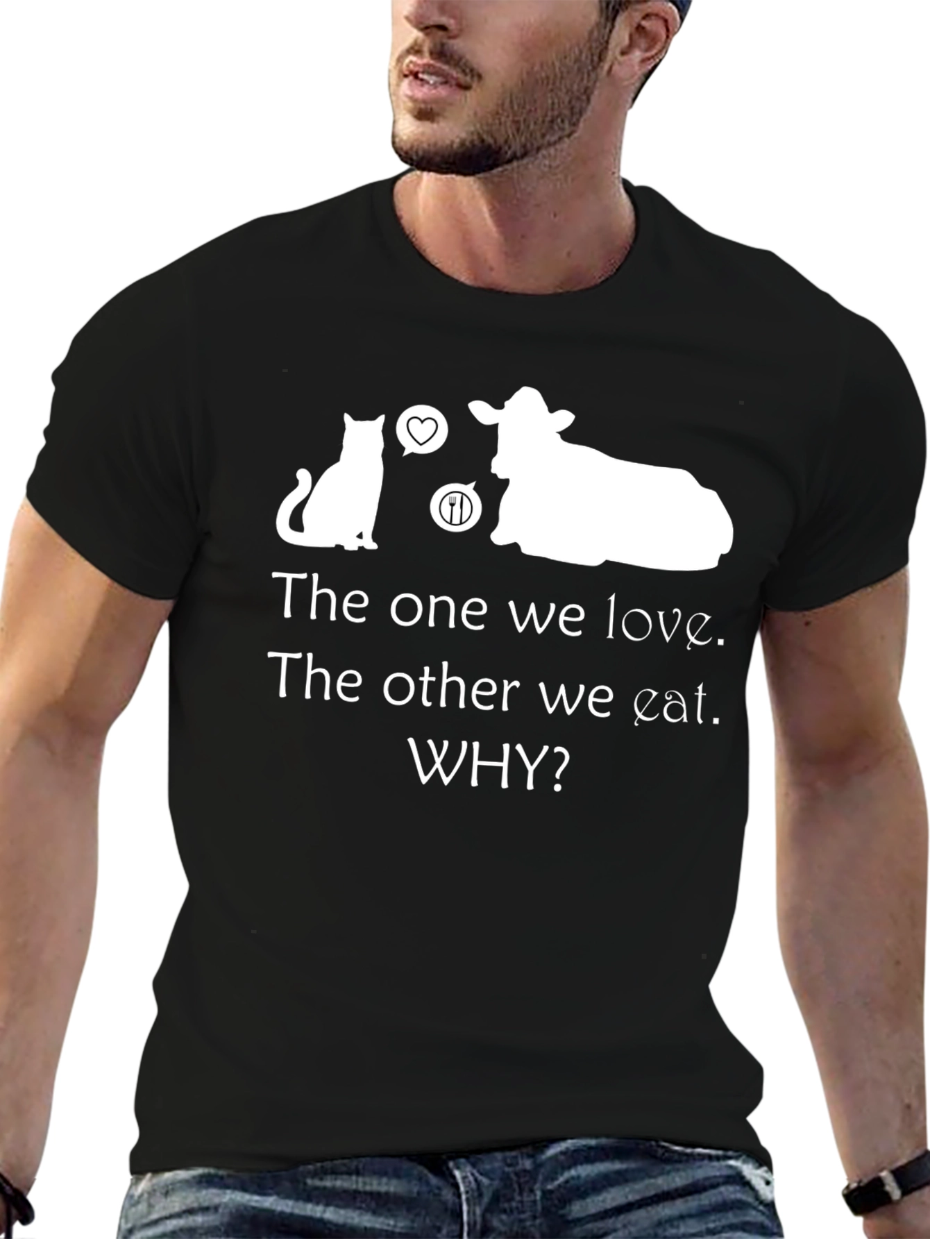 Black Vegan T-Shirt: Love Cats, Not Cows view 6
