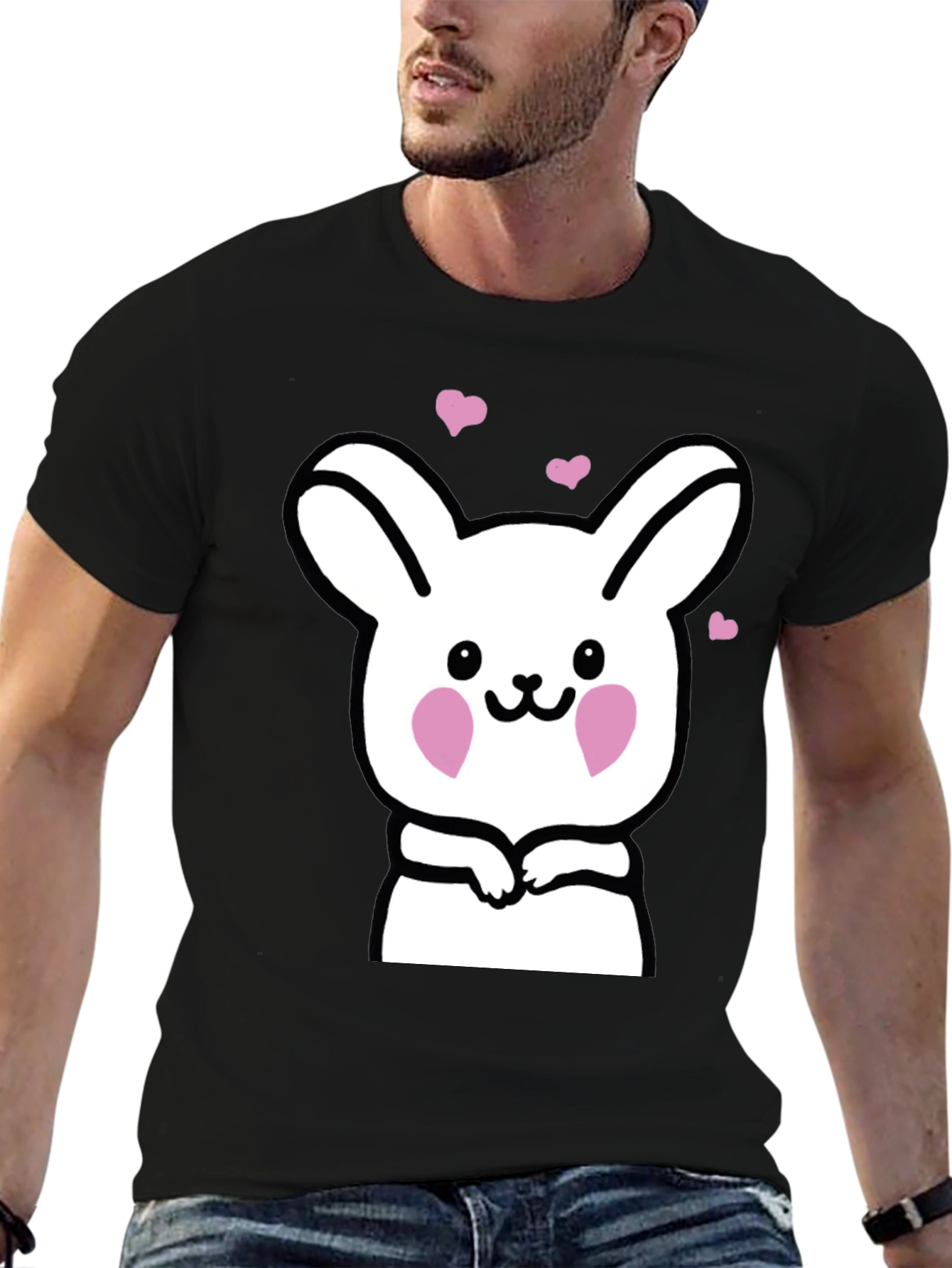 Black Cute Bunny Graphic Black T-Shirt view 6