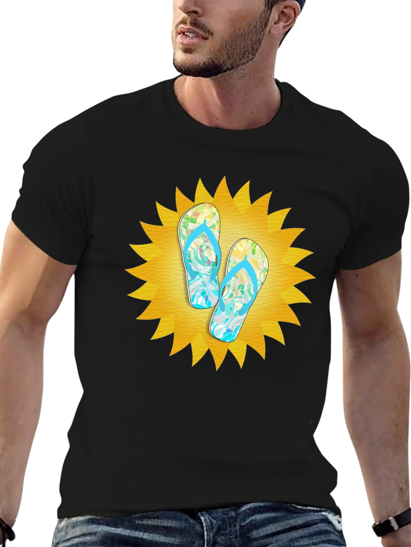 Black Summer Flip Flops Graphic Black T-Shirt view 6