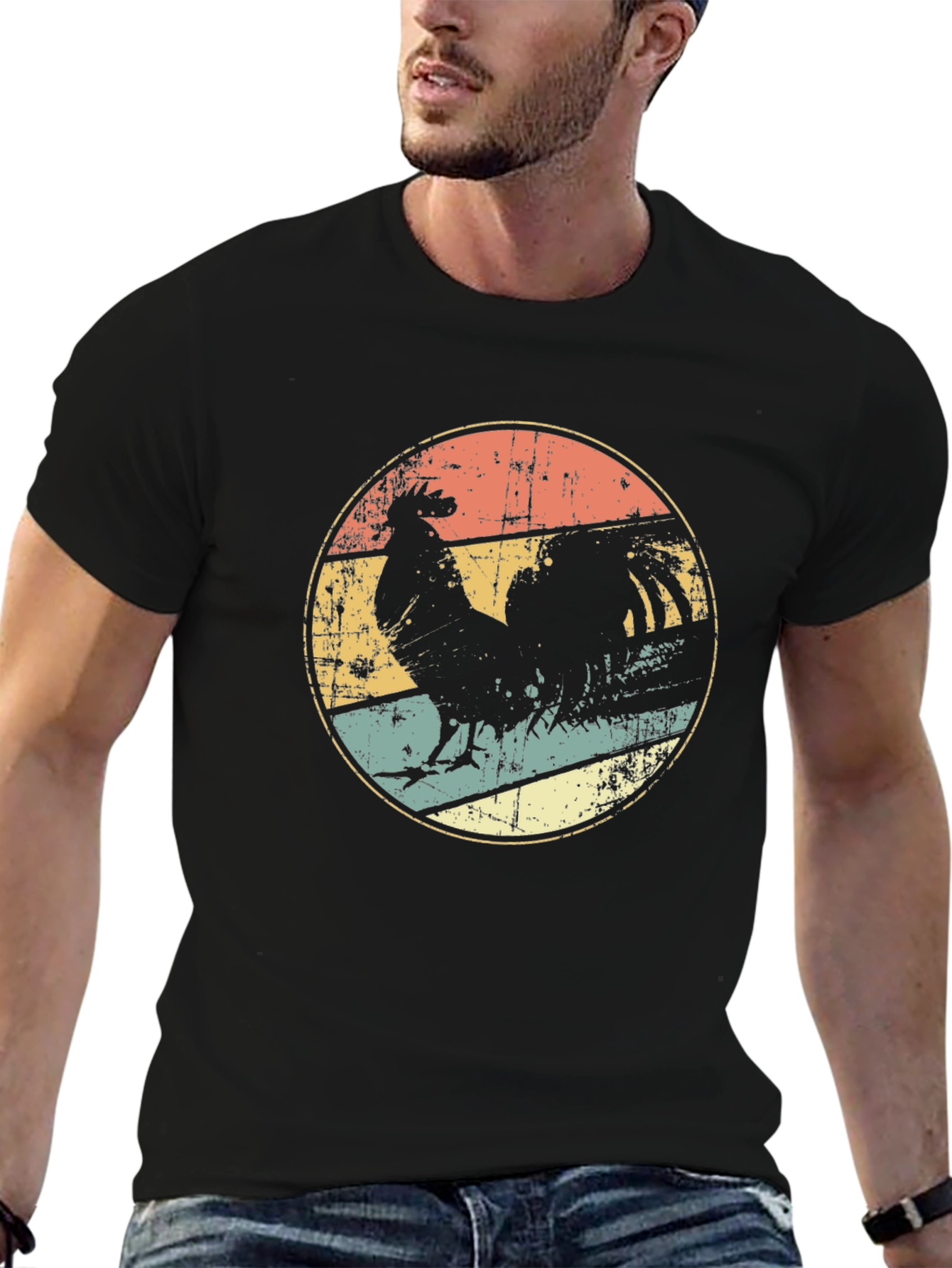 Black Retro Rooster Graphic Tee - Men's Vintage Style T-Shirt view 6
