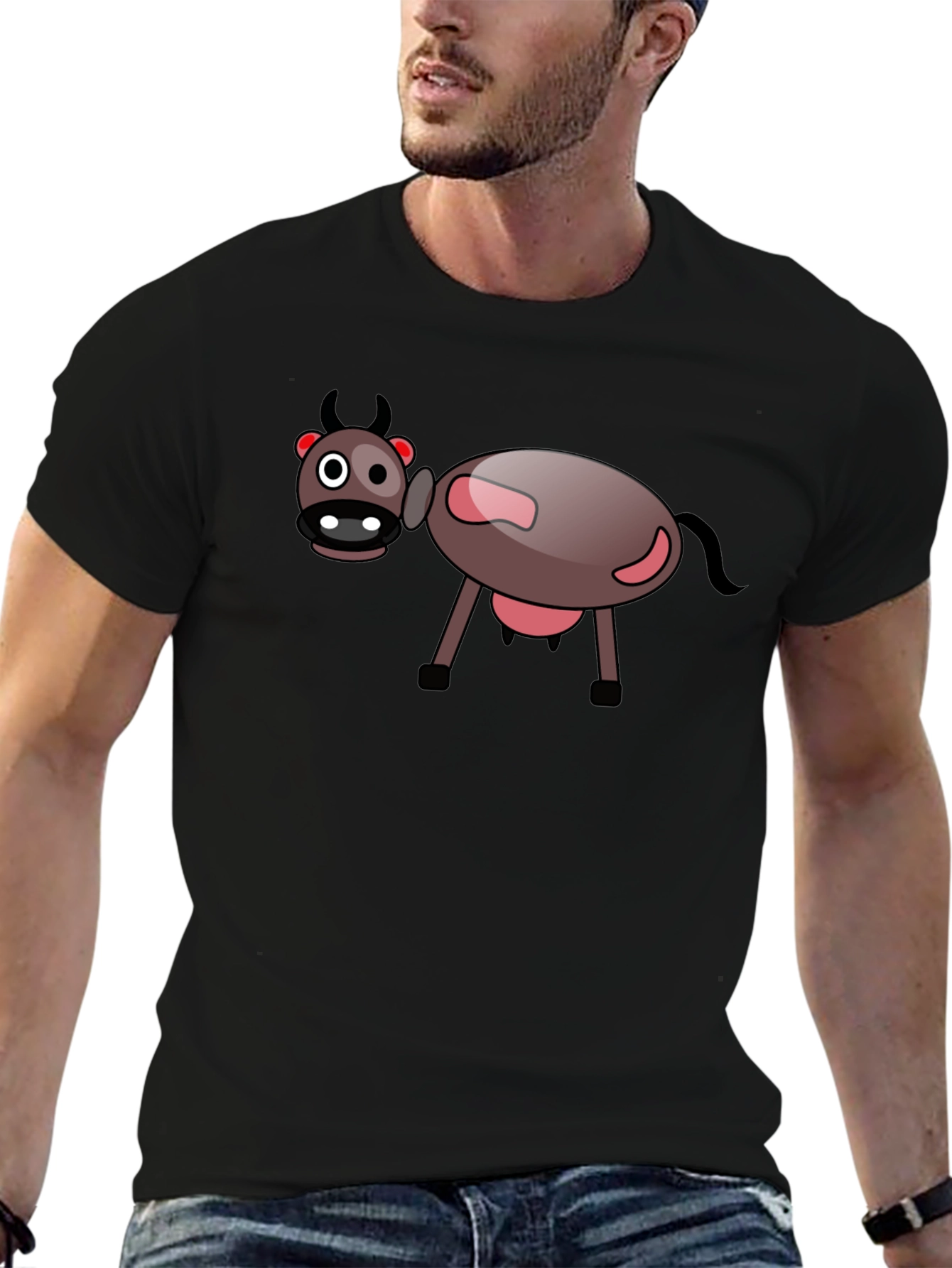 Black Cartoon Cow Black T-Shirt - Fun Novelty Tee view 6