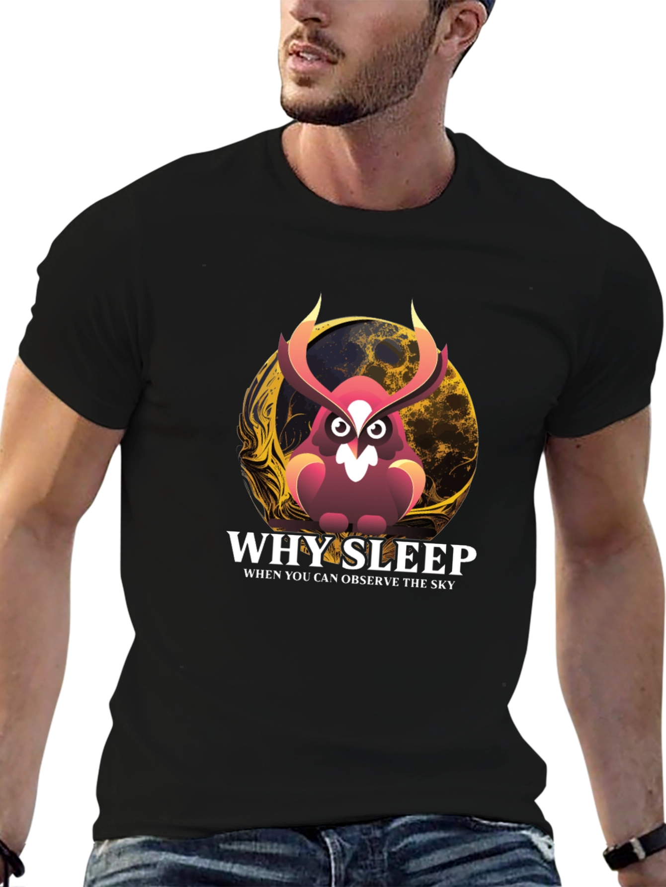 Black Why Sleep? Owl Graphic Tee - Observe the Sky T-Shirt view 6