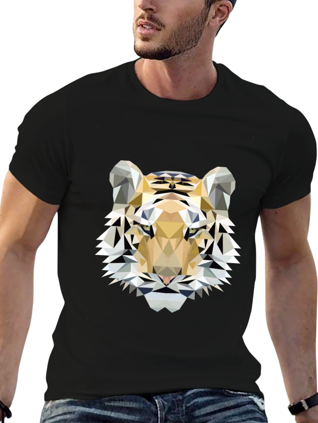Black Geometric Tiger Print Black T-Shirt view 6