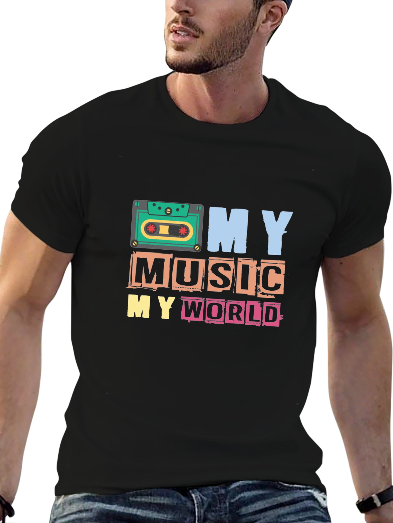 Black My Music My World Graphic Tee - Retro Cassette T-Shirt view 6