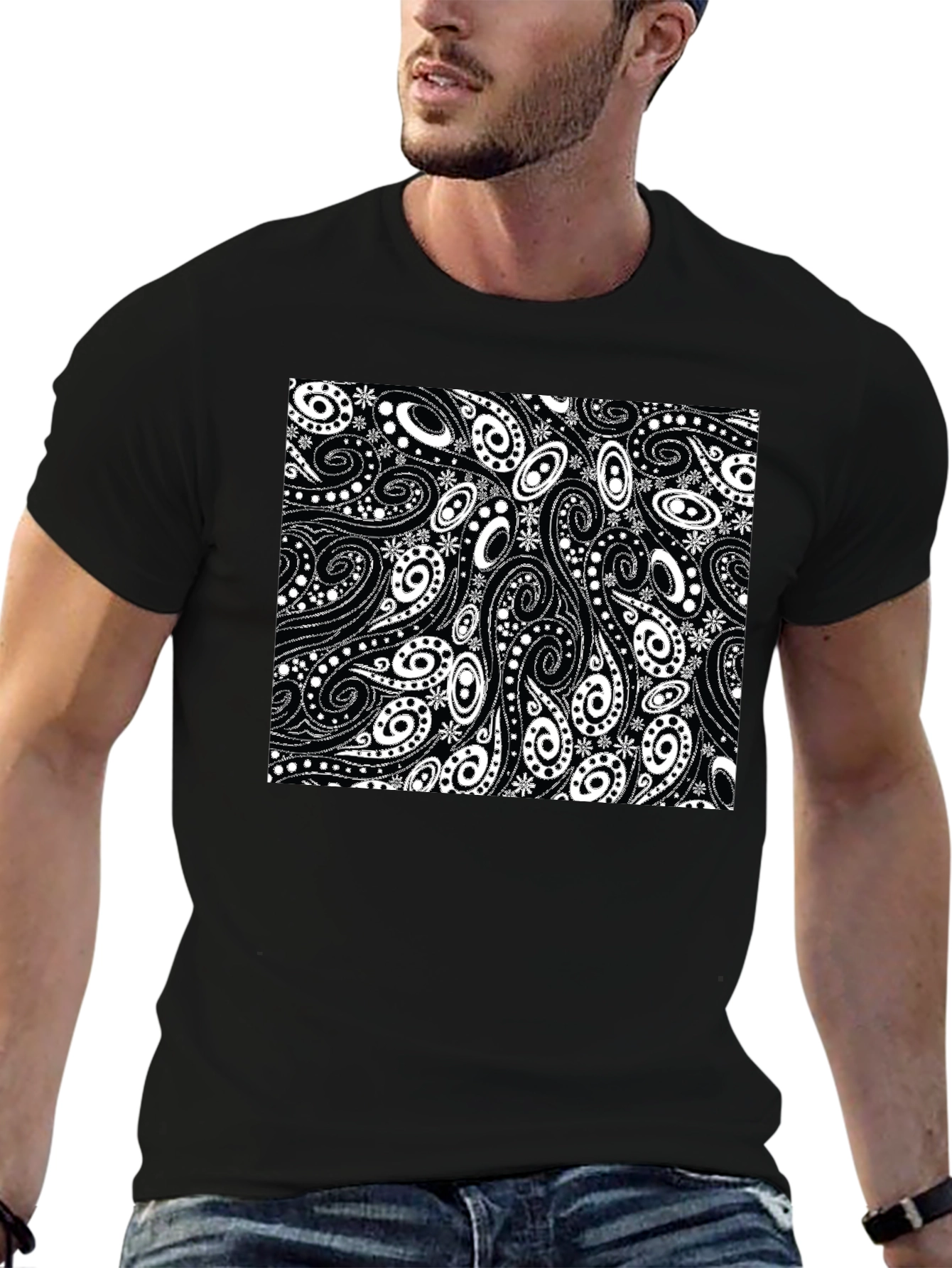 Black Paisley Pattern Black T-Shirt view 6