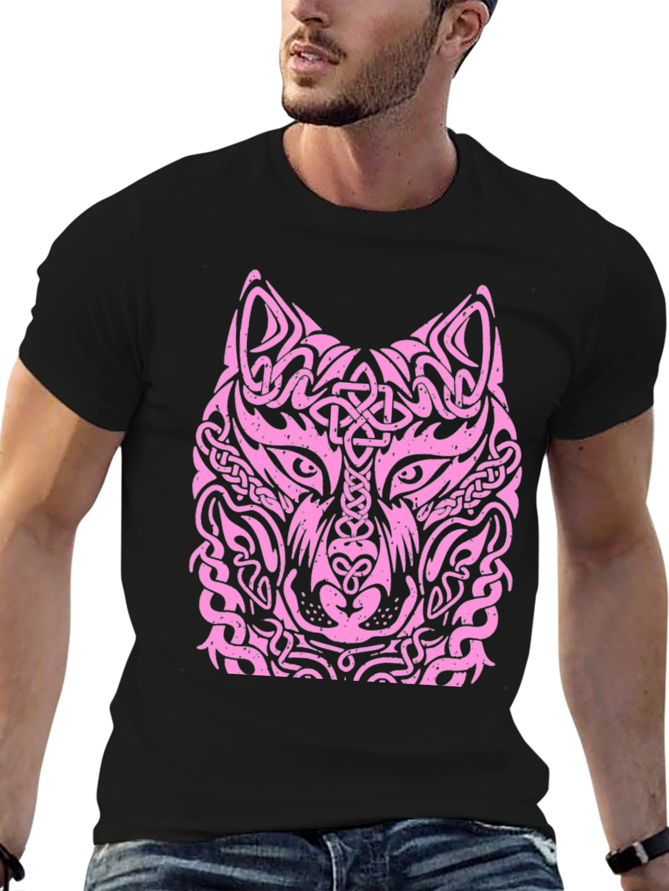 Black Wolf Head Graphic Tee - Unique Tribal Design view 6