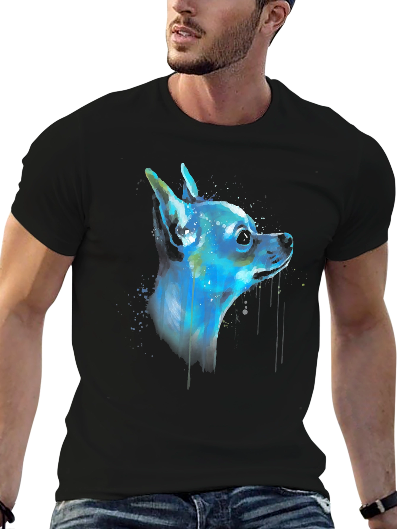 Black Chihuahua Dog Watercolor Art Men's Black T-Shirt view 6