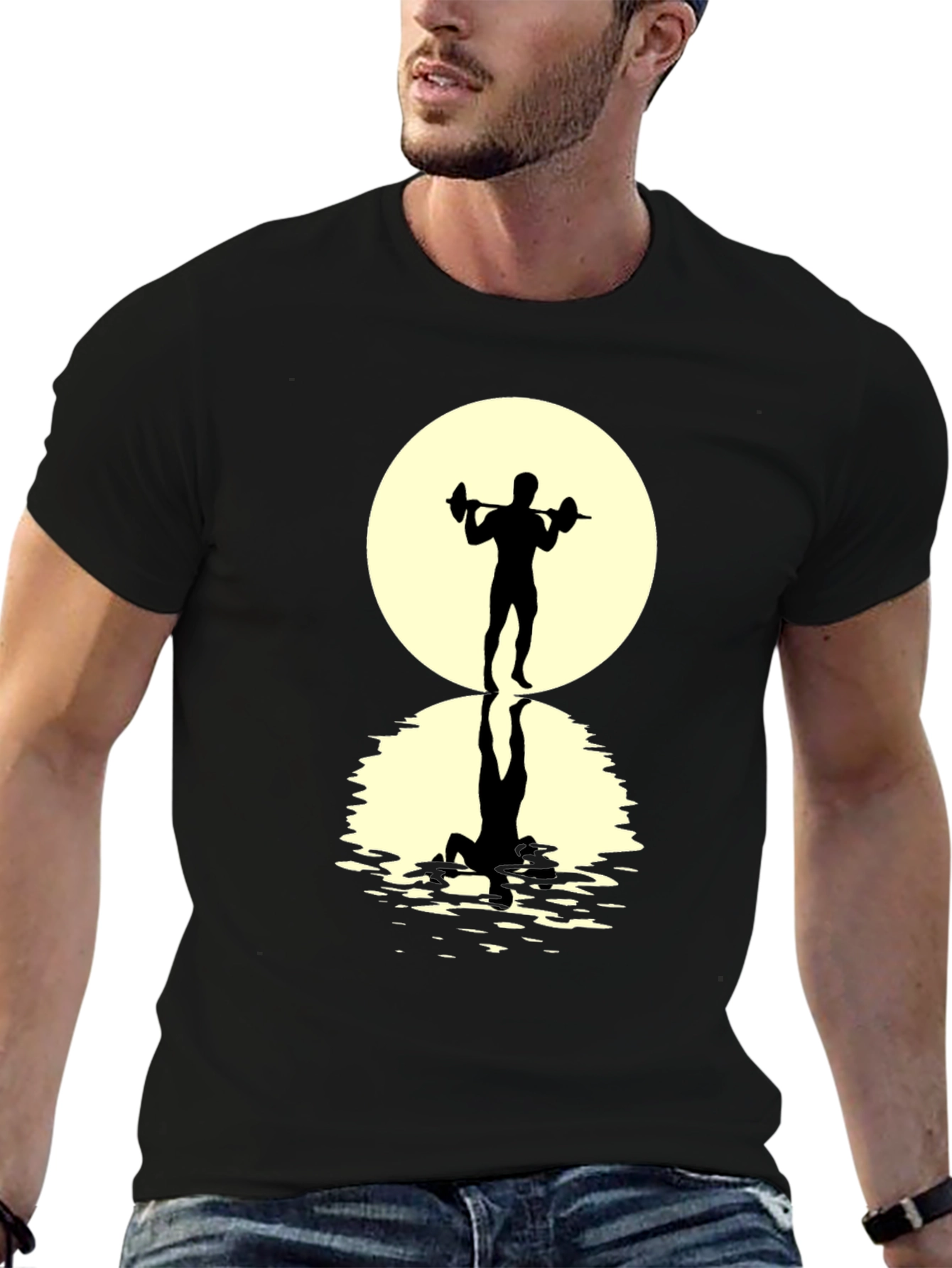 Black Weightlifter Silhouette T-Shirt - Moonlit Reflection view 6