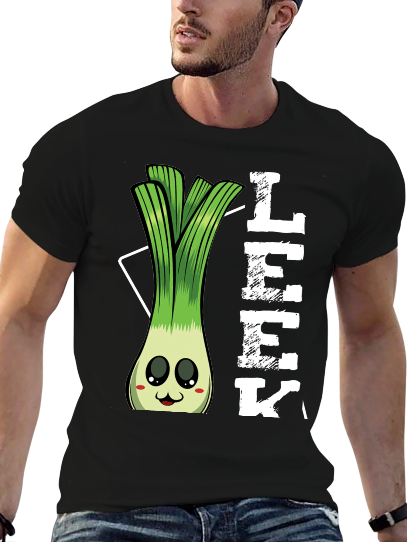Black Funny Leek Cartoon T-Shirt view 6