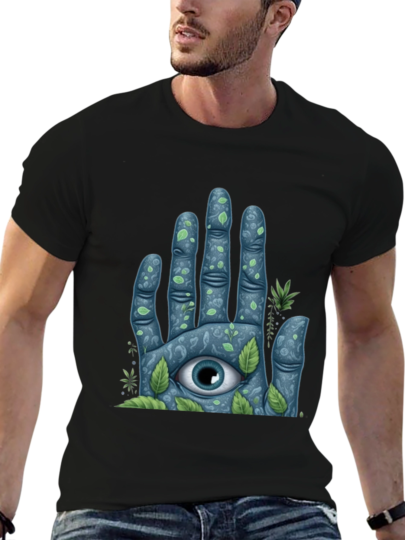 Black Mystic Eye Hand Graphic Tee - Nature Inspired Design view 6