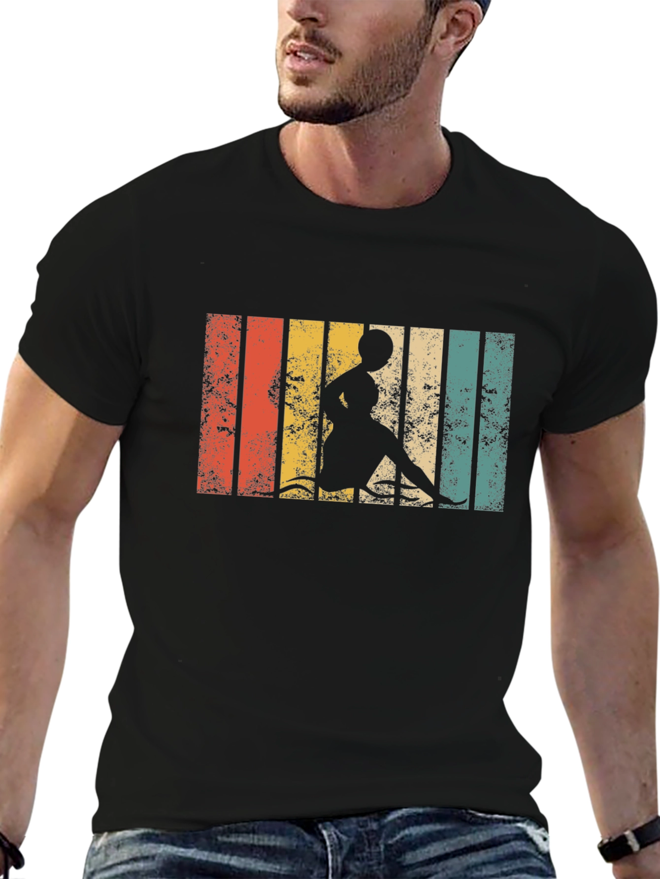 Black Retro Striped Woman Kayaking T-Shirt view 6