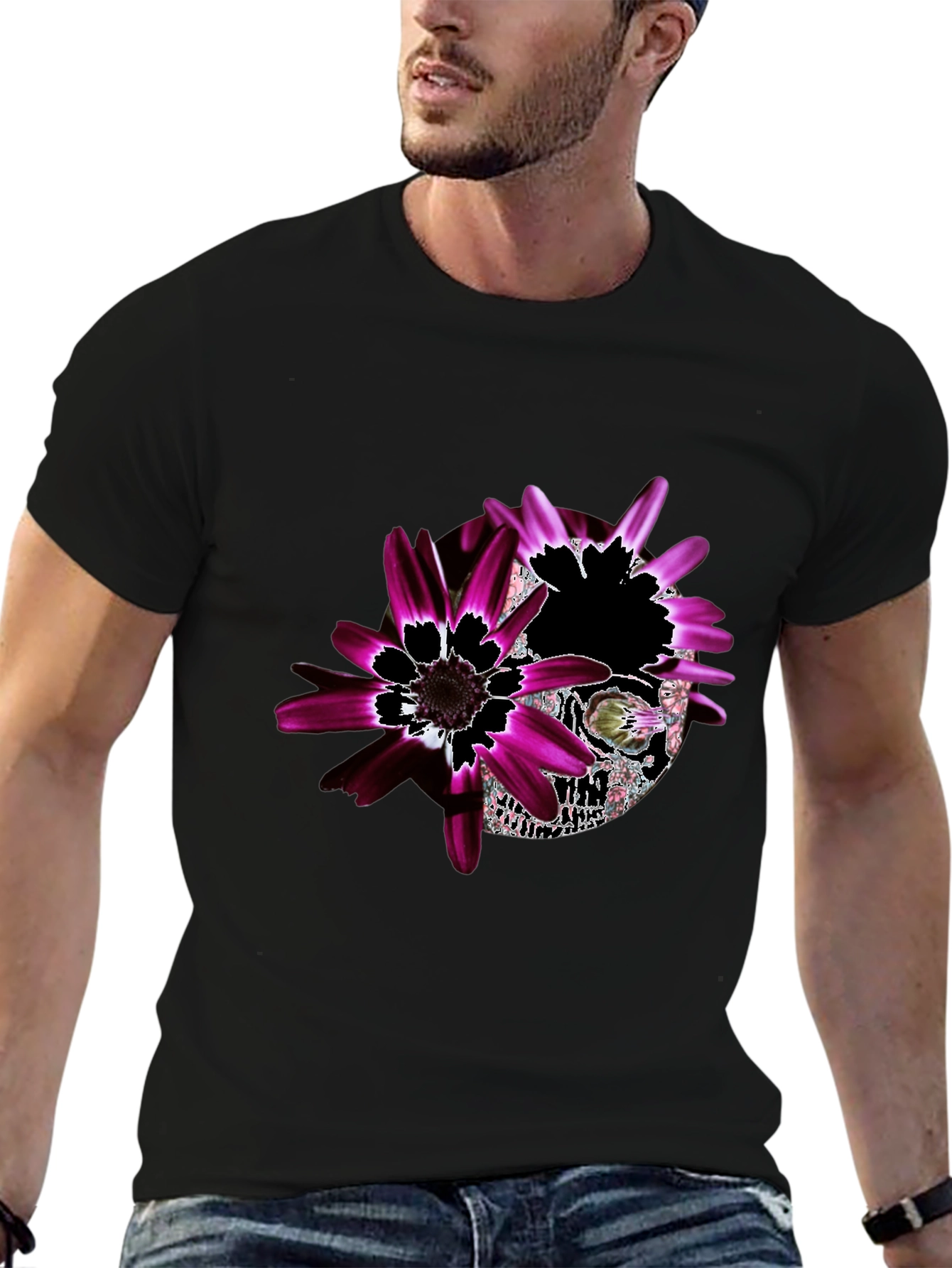 Black Floral Skull Graphic Black T-Shirt - Unique Design view 6