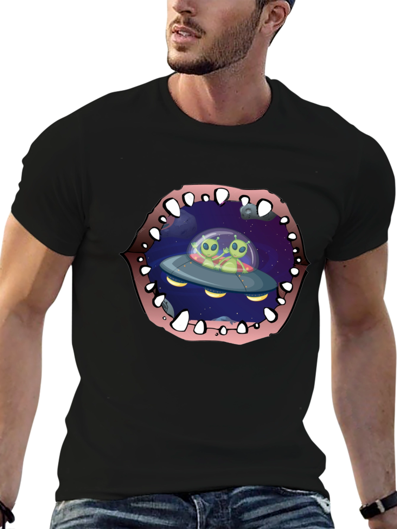 Black Alien Abduction T-Shirt Black Cotton Crew Neck view 6