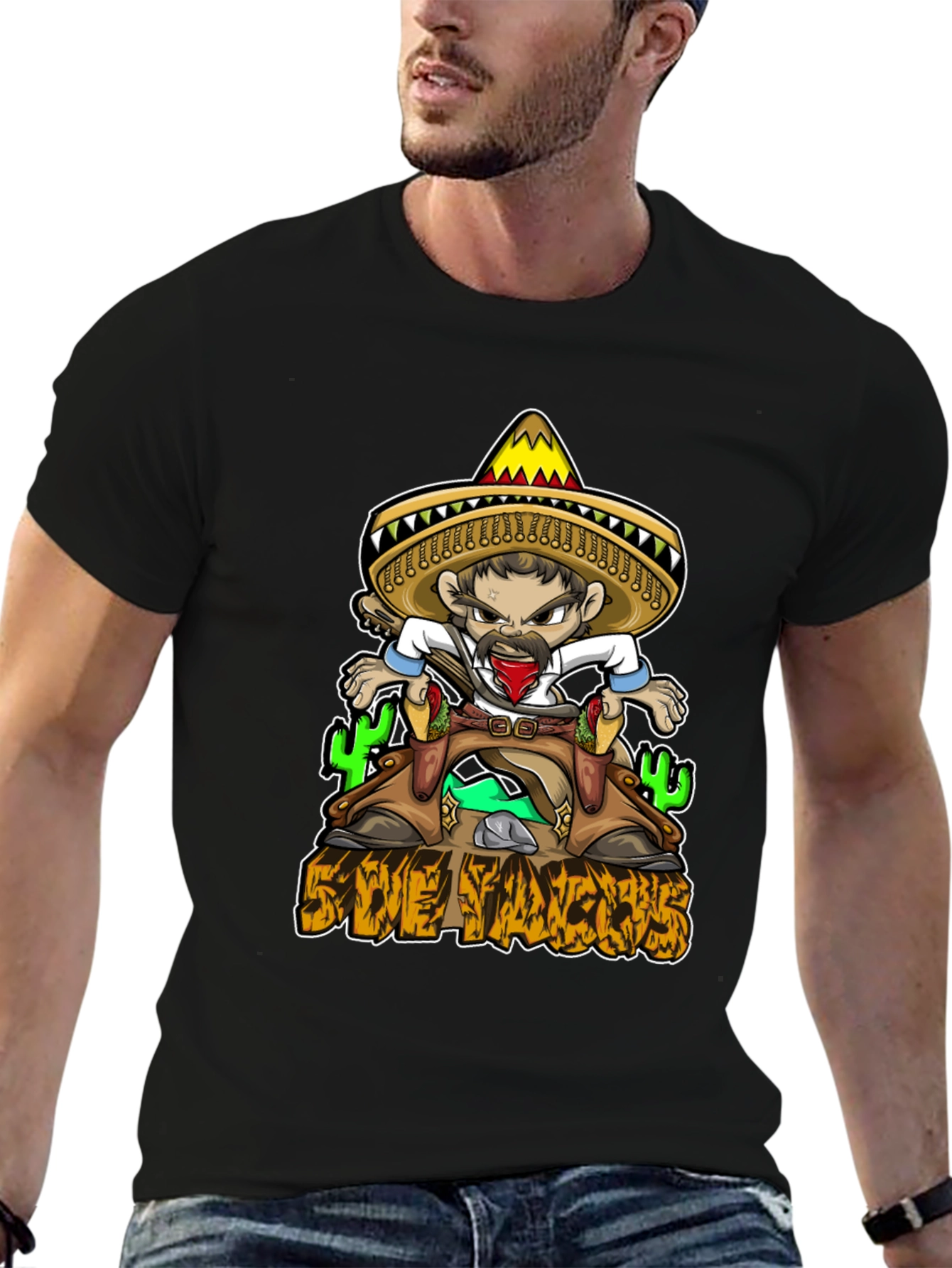 Black Save Tacos T-Shirt - Sombrero Cartoon Graphic Tee view 6