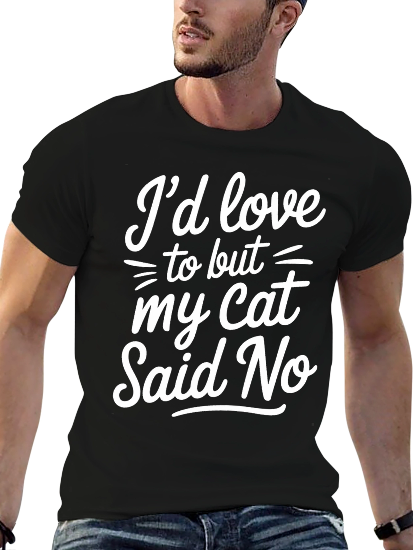 Black Funny Cat Lover T-Shirt - I'd Love To But My Cat Said No view 6