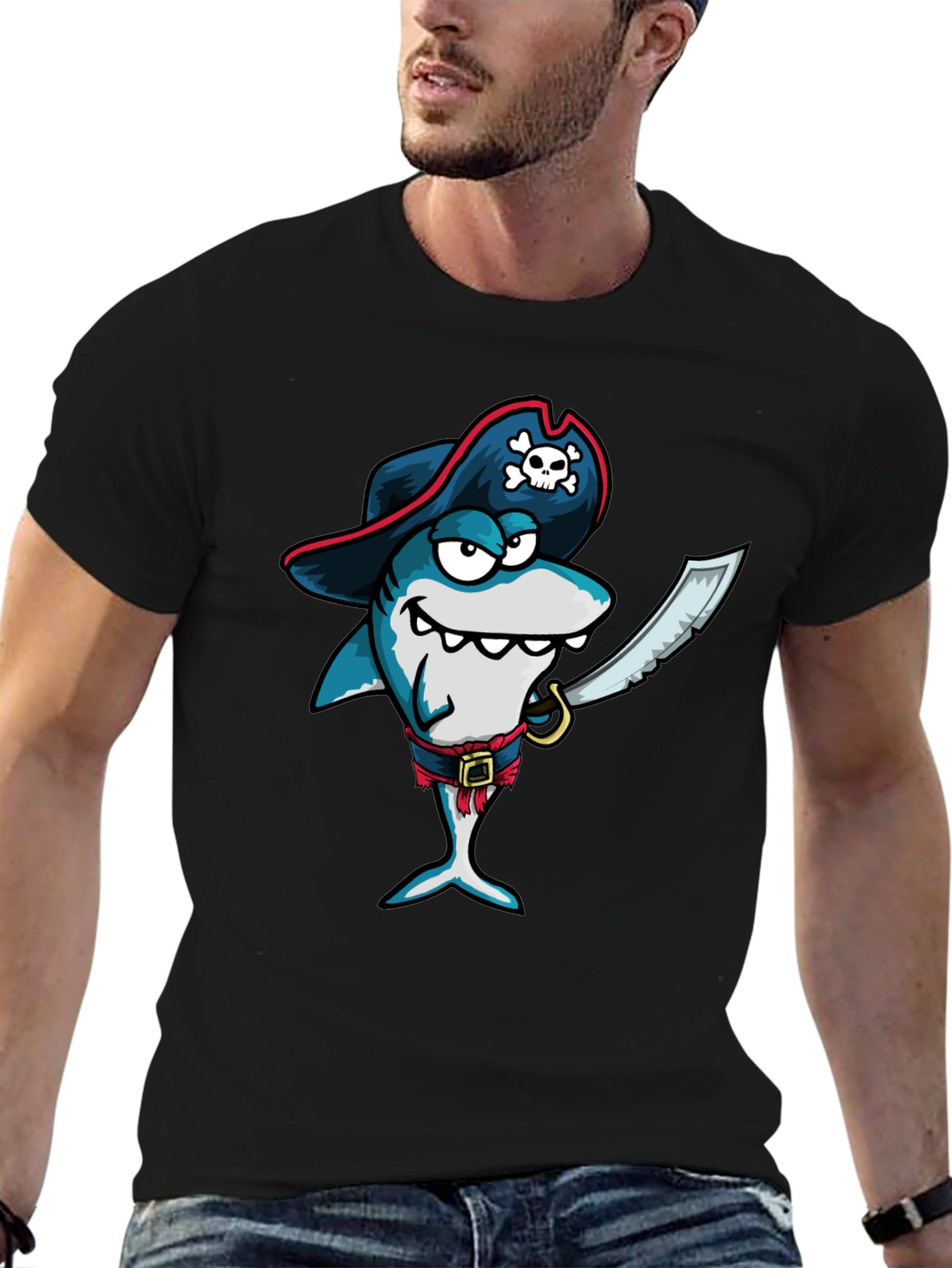 Black Pirate Shark Graphic Tee - Black Cotton T-Shirt view 6