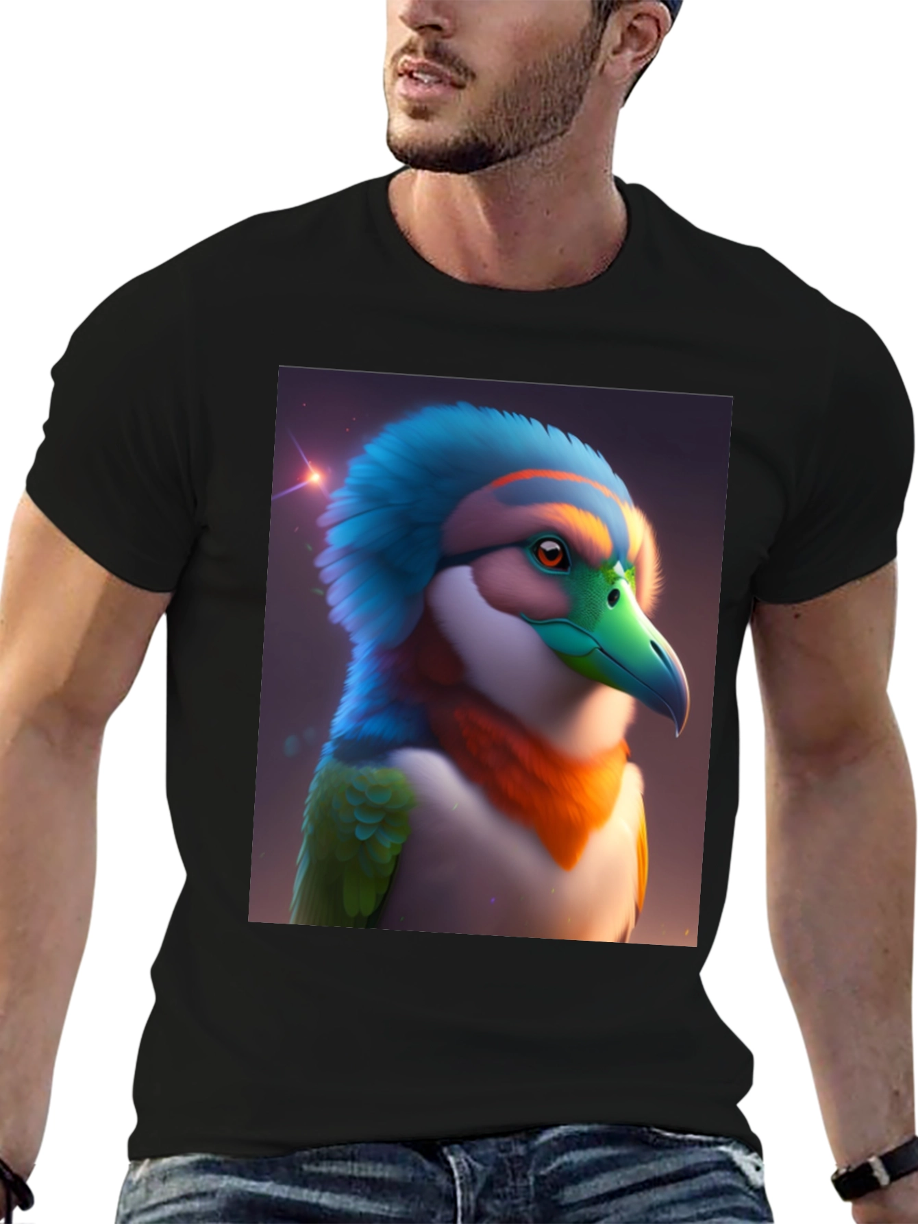 Black Exotic Bird Graphic Tee - Unique Colorful Bird Design view 6