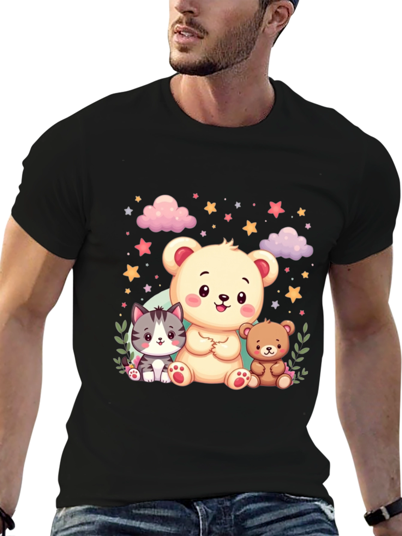 Black Cute Cartoon Animals Black T-Shirt view 6