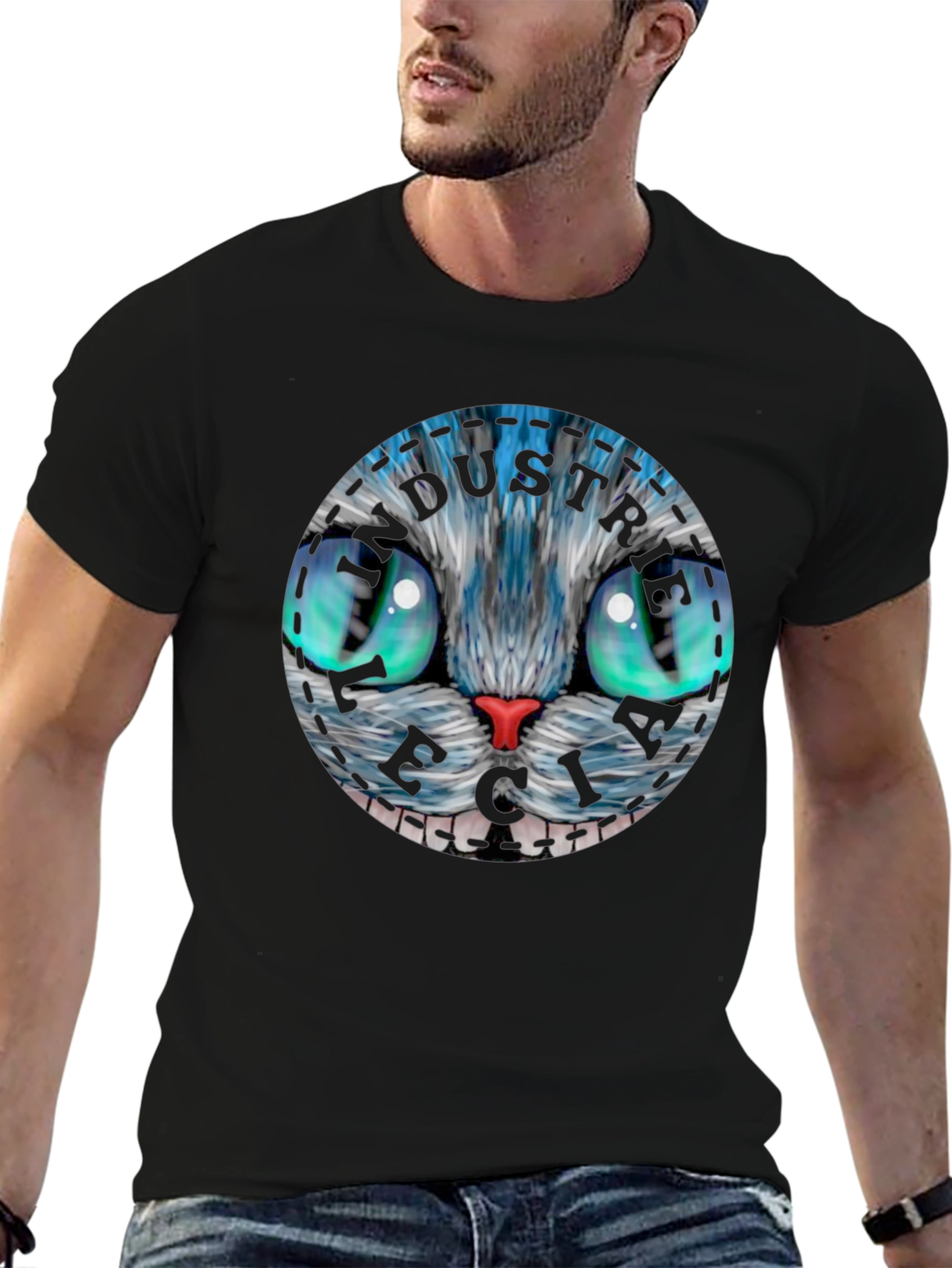 Black Whimsical Cat Face T-Shirt view 6