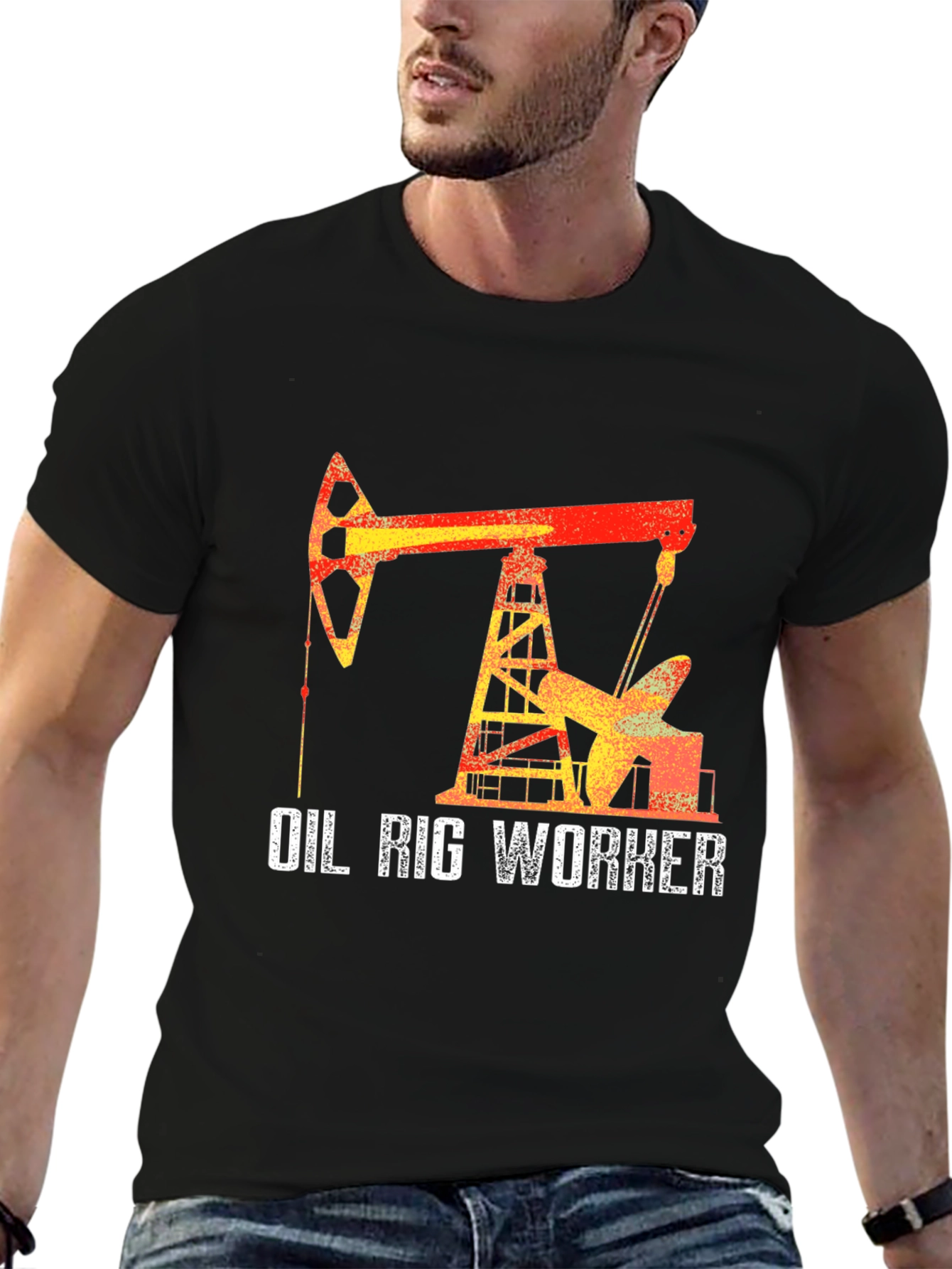 Black Oil Rig Worker Graphic T-Shirt - Black Crew Neck view 6