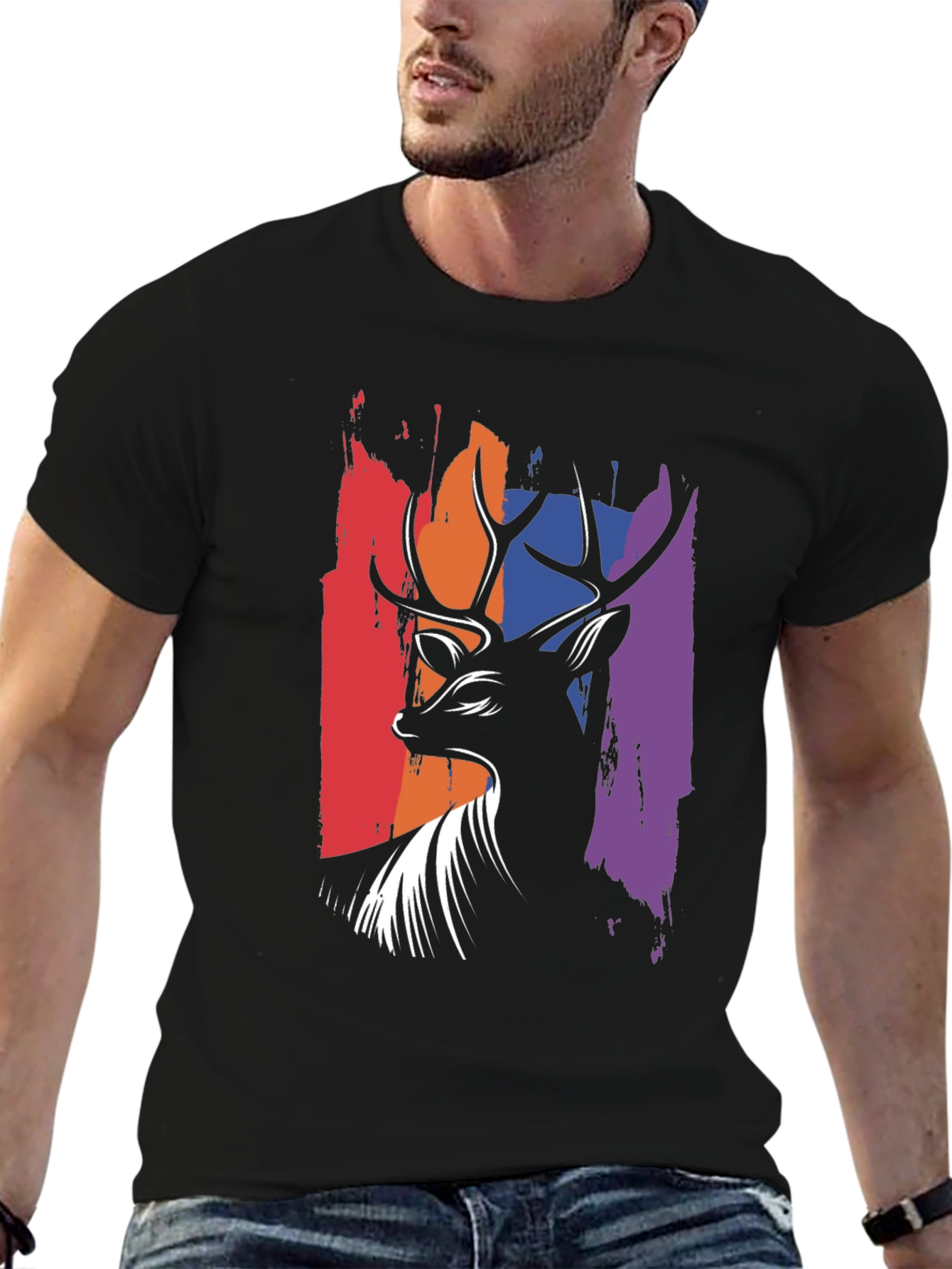 Black Abstract Deer Graphic Tee - Men's Black T-Shirt view 6