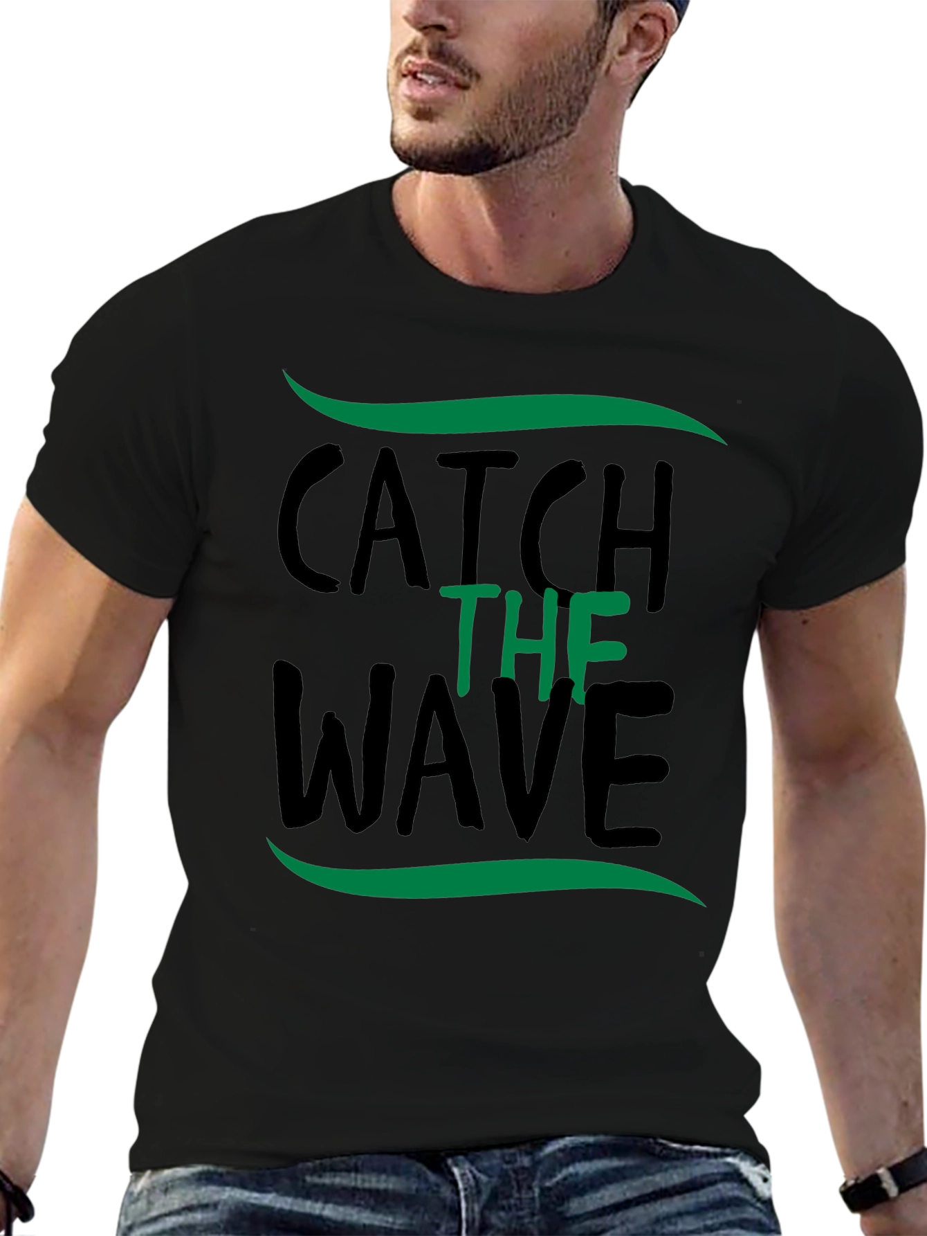 Black Catch the Wave Graphic Tee - Black Cotton T-Shirt view 6