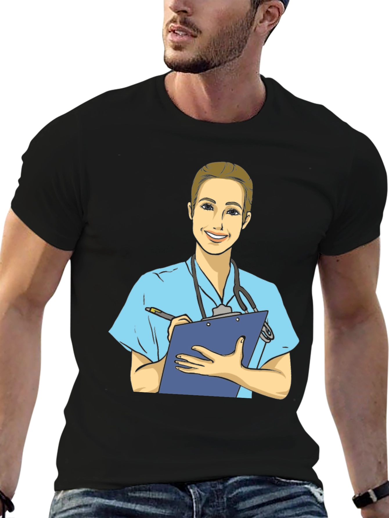 Black Cartoon Nurse T-Shirt - Black Cotton Blend view 6