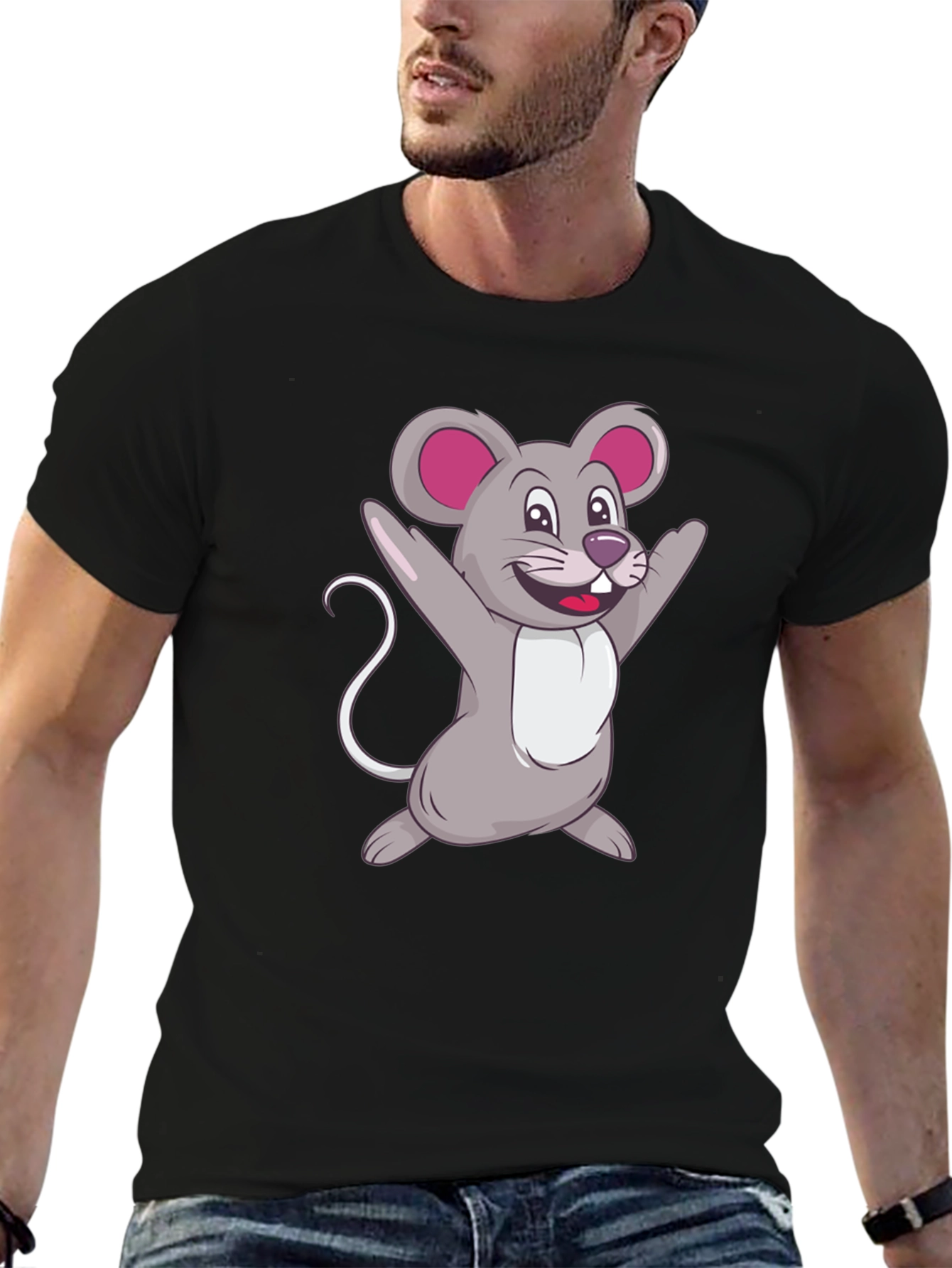 Black Cartoon Mouse Graphic Tee - Black Casual T-Shirt view 6