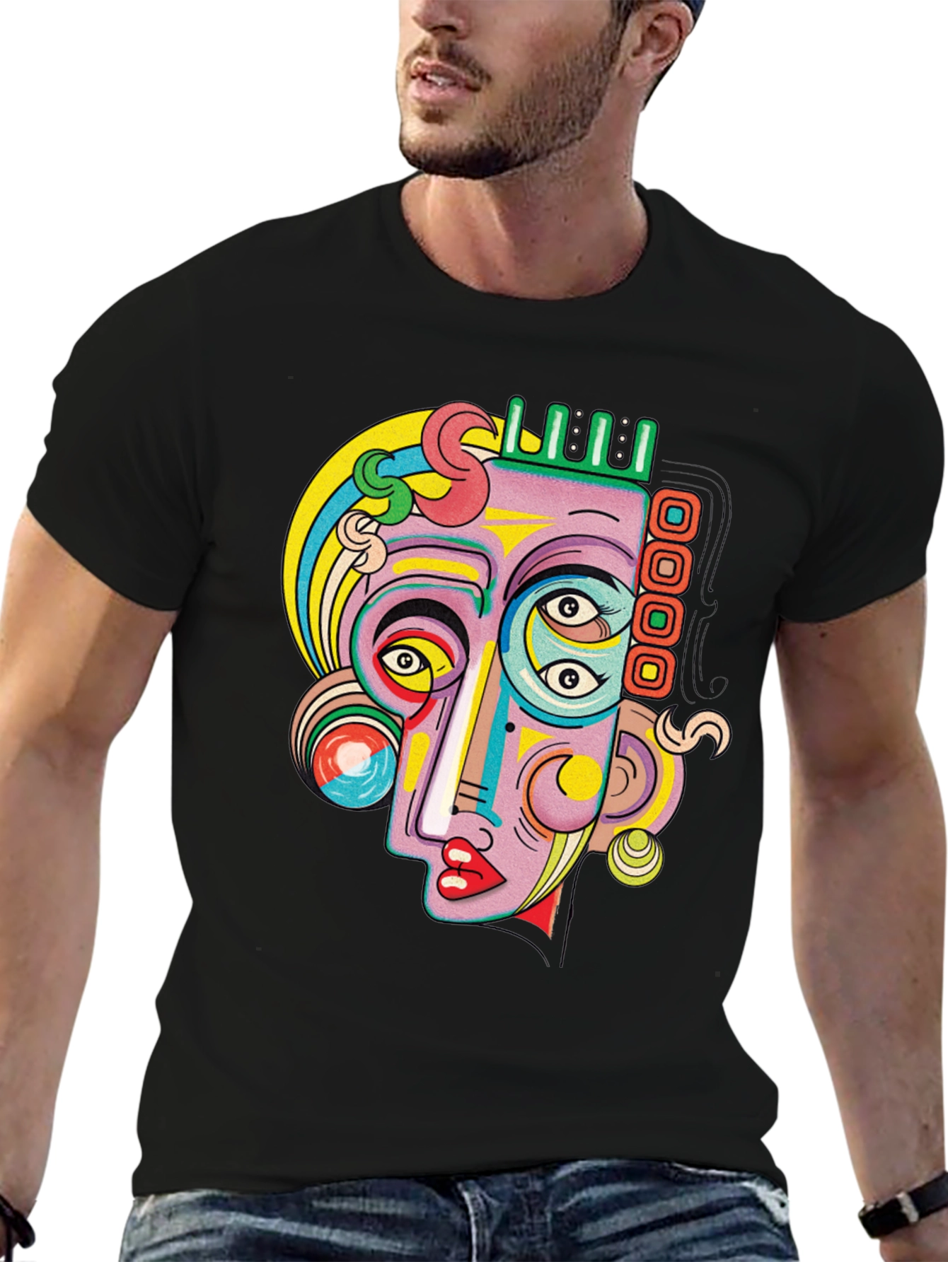 Black Abstract Face Graphic Tee - Unique Art T-Shirt view 6