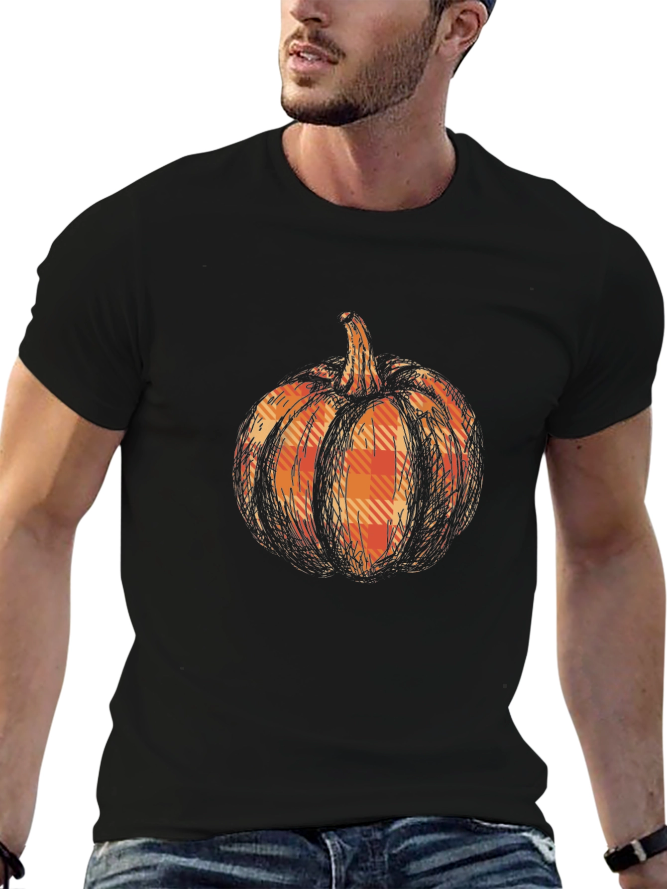 Black Pumpkin Plaid Graphic Tee - Black Cotton Casual T-Shirt view 6