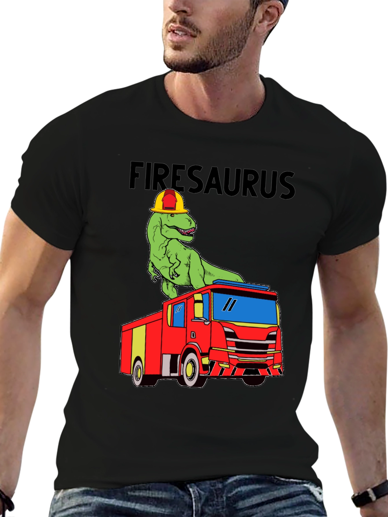 Black Firesaurus T-Shirt - Dinosaur Fire Truck Tee view 6