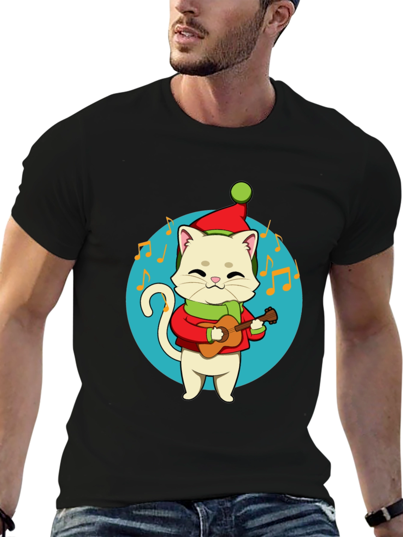 Black Festive Cat Guitarist Graphic Tee - Holiday Cheer! view 6