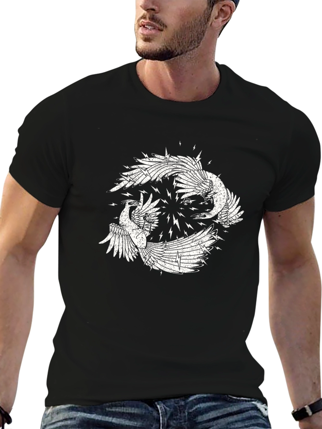 Black Black Graphic Tee with Bird Design view 6