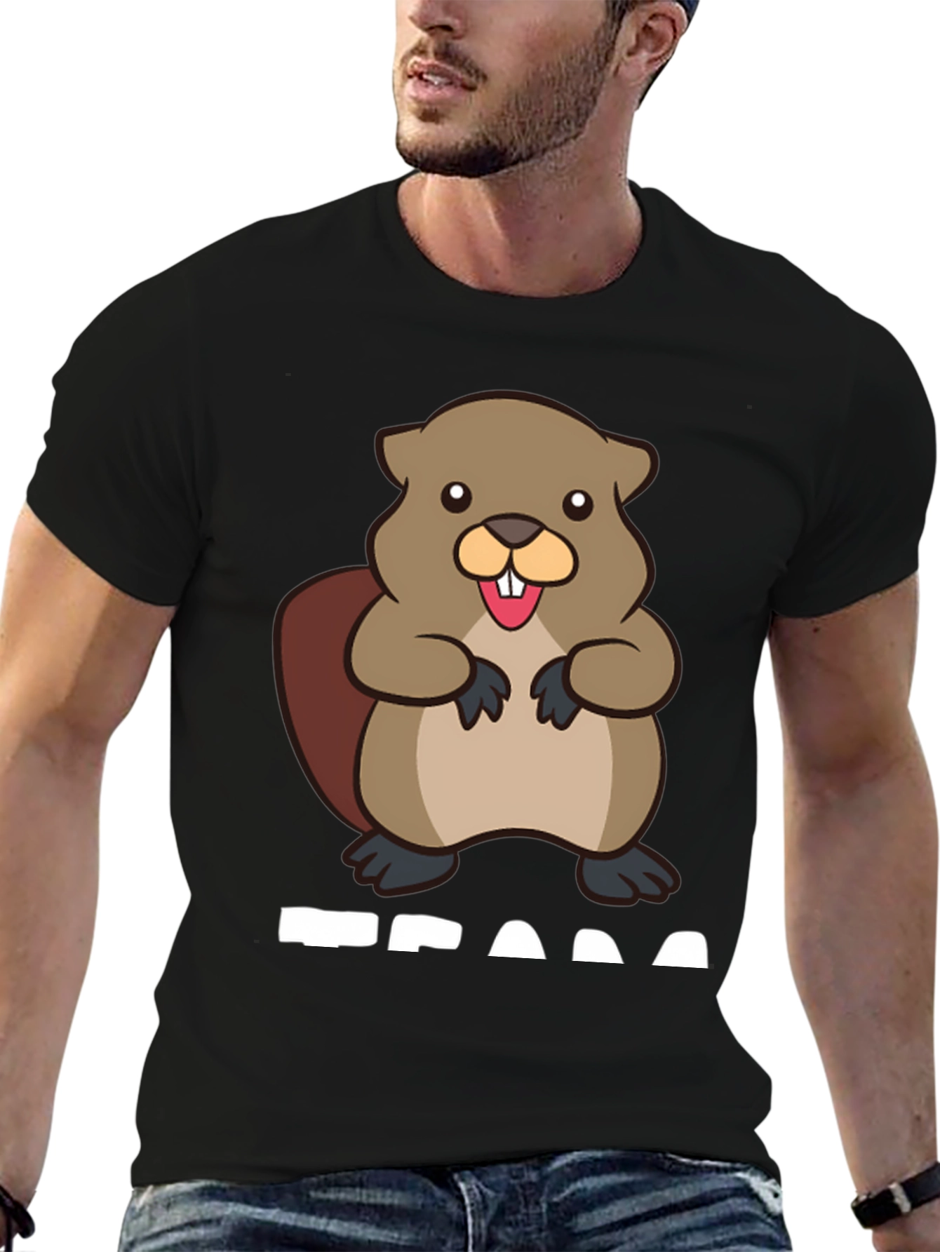 Black Funny Beaver Graphic T-Shirt - Unisex Black Tee view 6