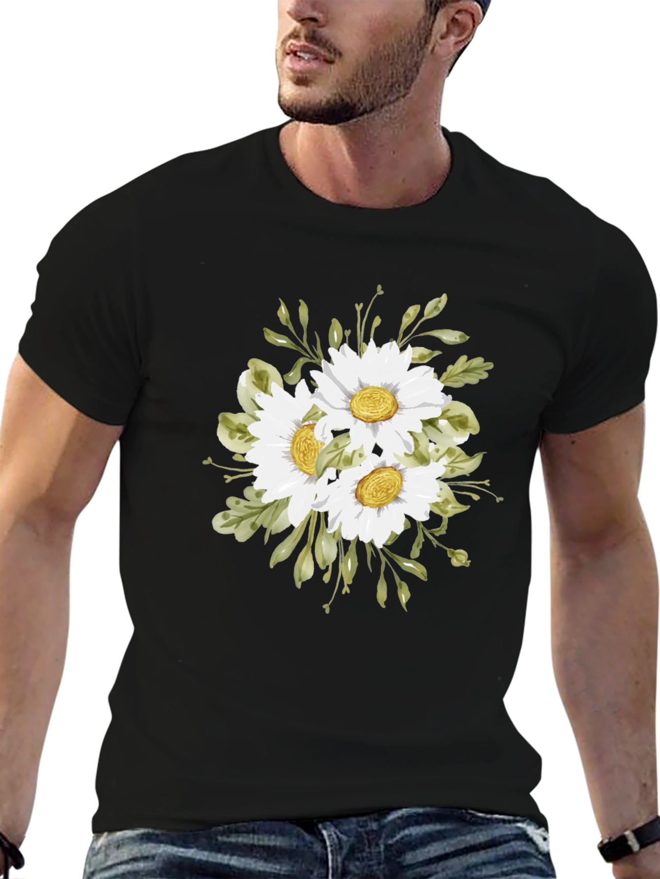 Black Floral Print T-Shirt - Daisy Bouquet view 6