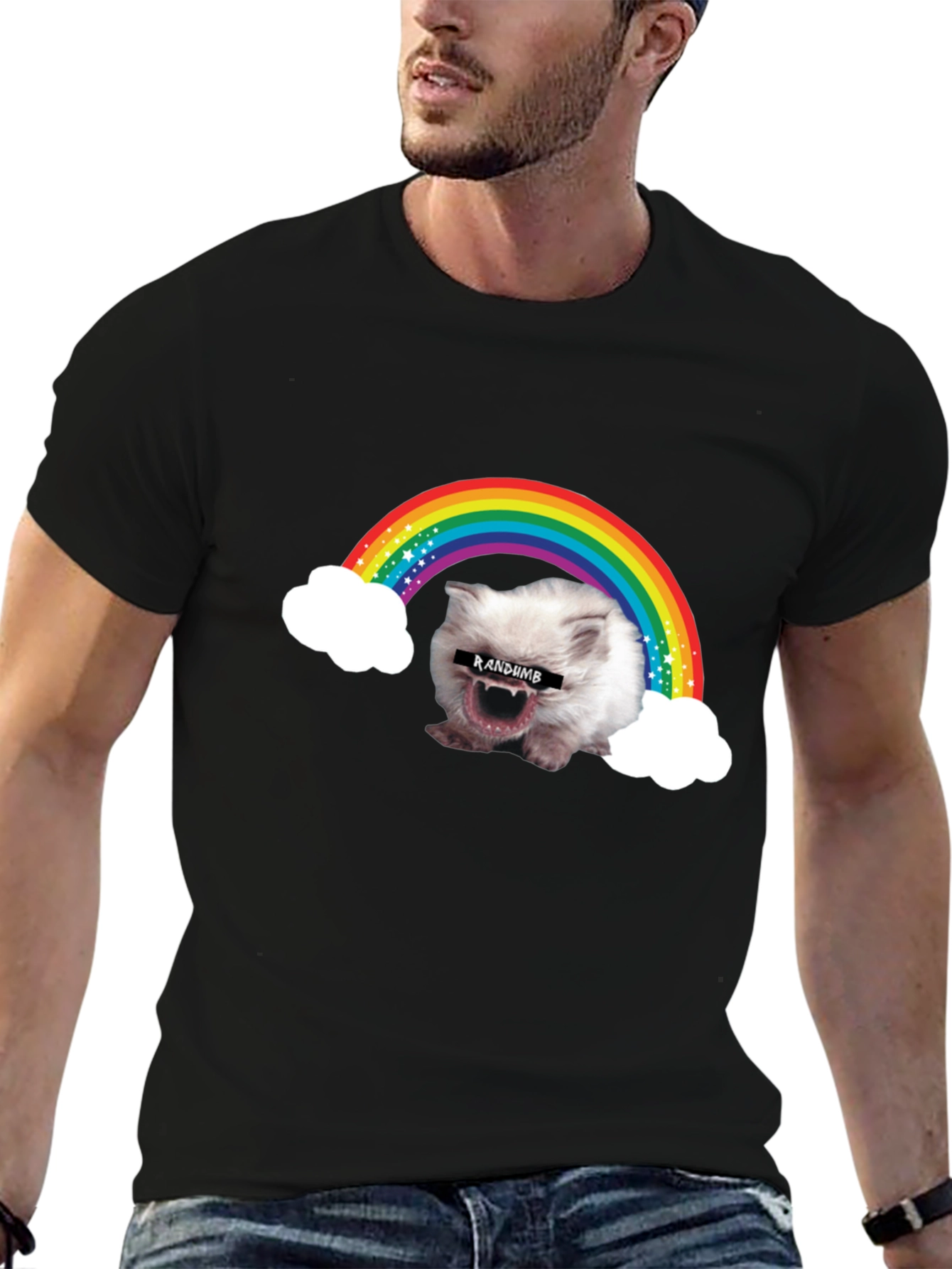 Black Random Rainbow Cat Meme T-Shirt view 6
